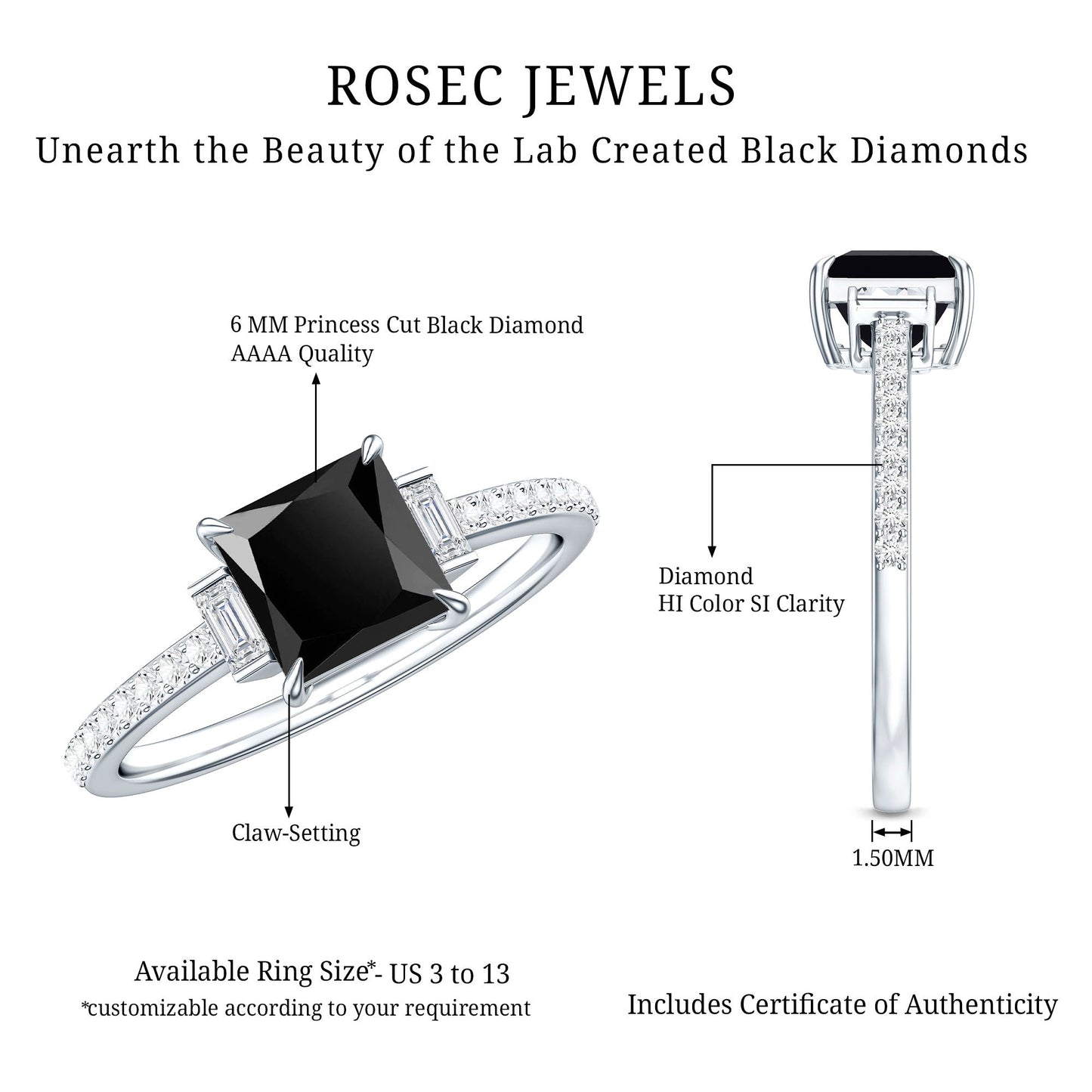 Certified 1 Carat Lab Grown Black and White Diamond Princess Cut Solitaire Engagement Ring