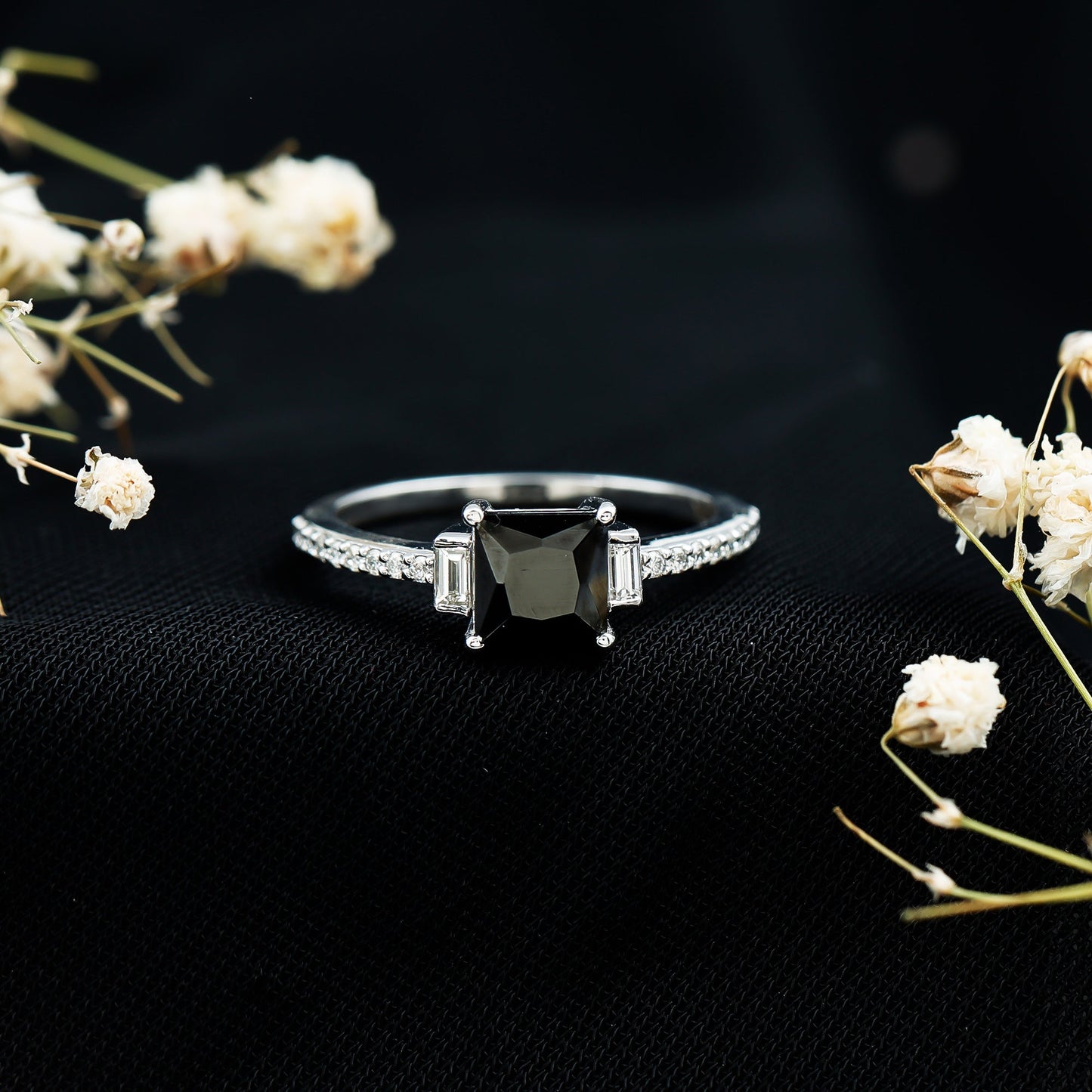 Certified 1 Carat Lab Grown Black and White Diamond Princess Cut Solitaire Engagement Ring