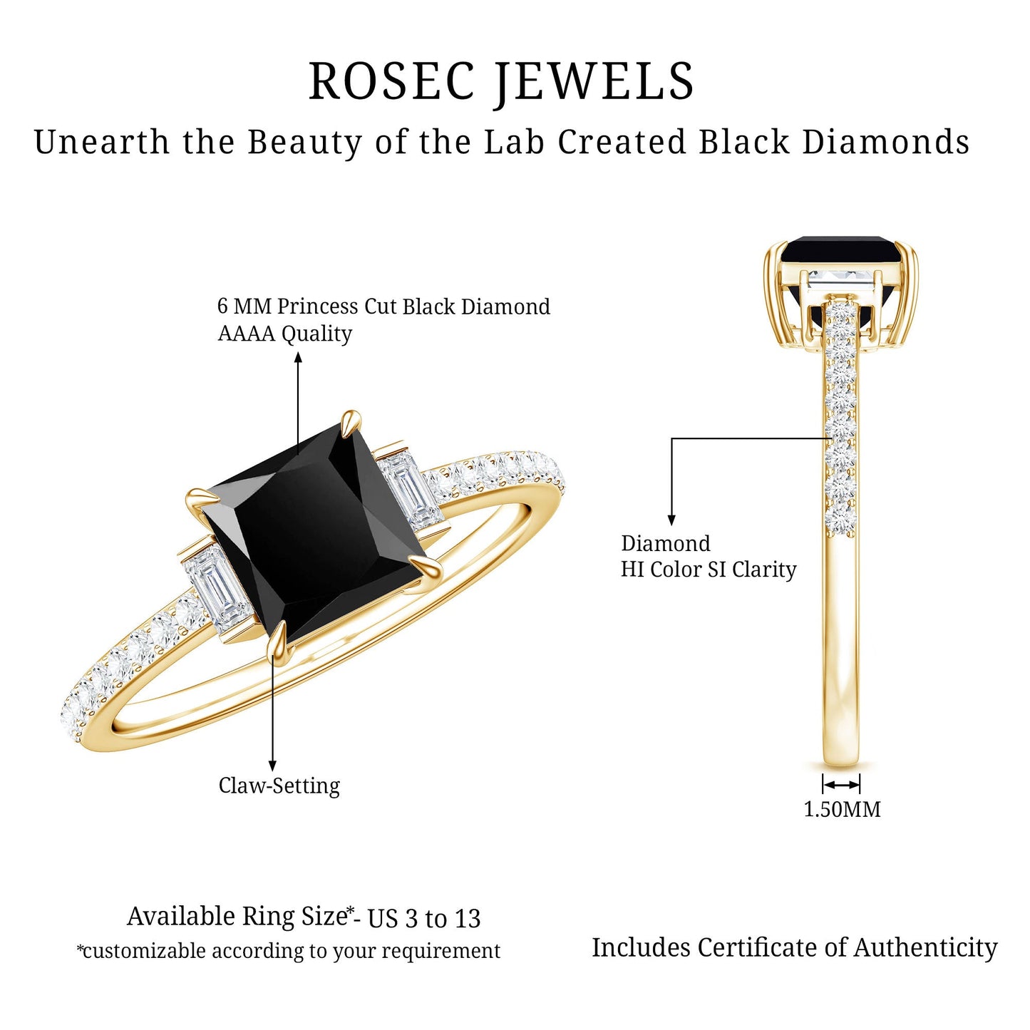 Certified 1 Carat Lab Grown Black and White Diamond Princess Cut Solitaire Engagement Ring