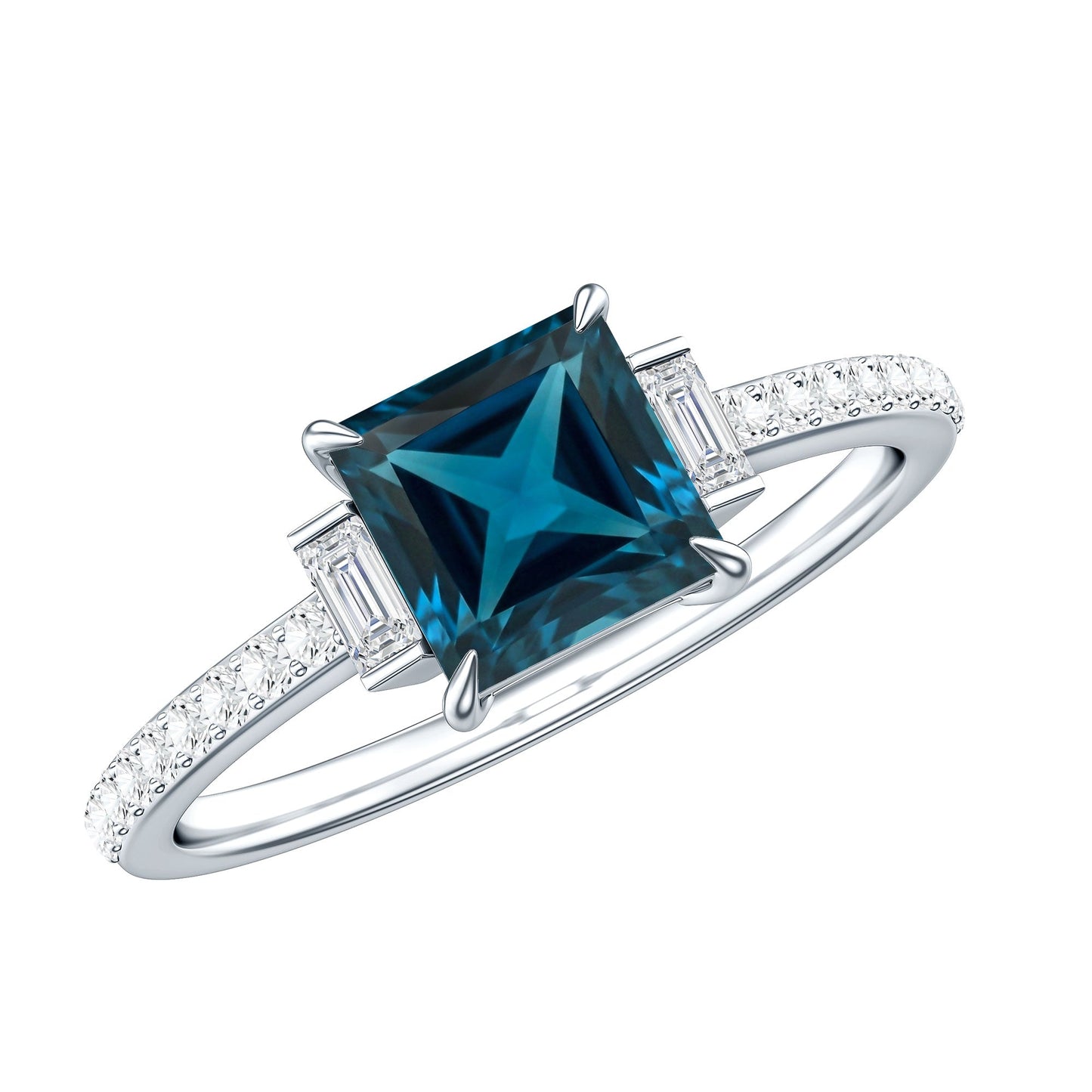 1 Carat Princess Cut London Blue Topaz Engagement Ring with Diamond