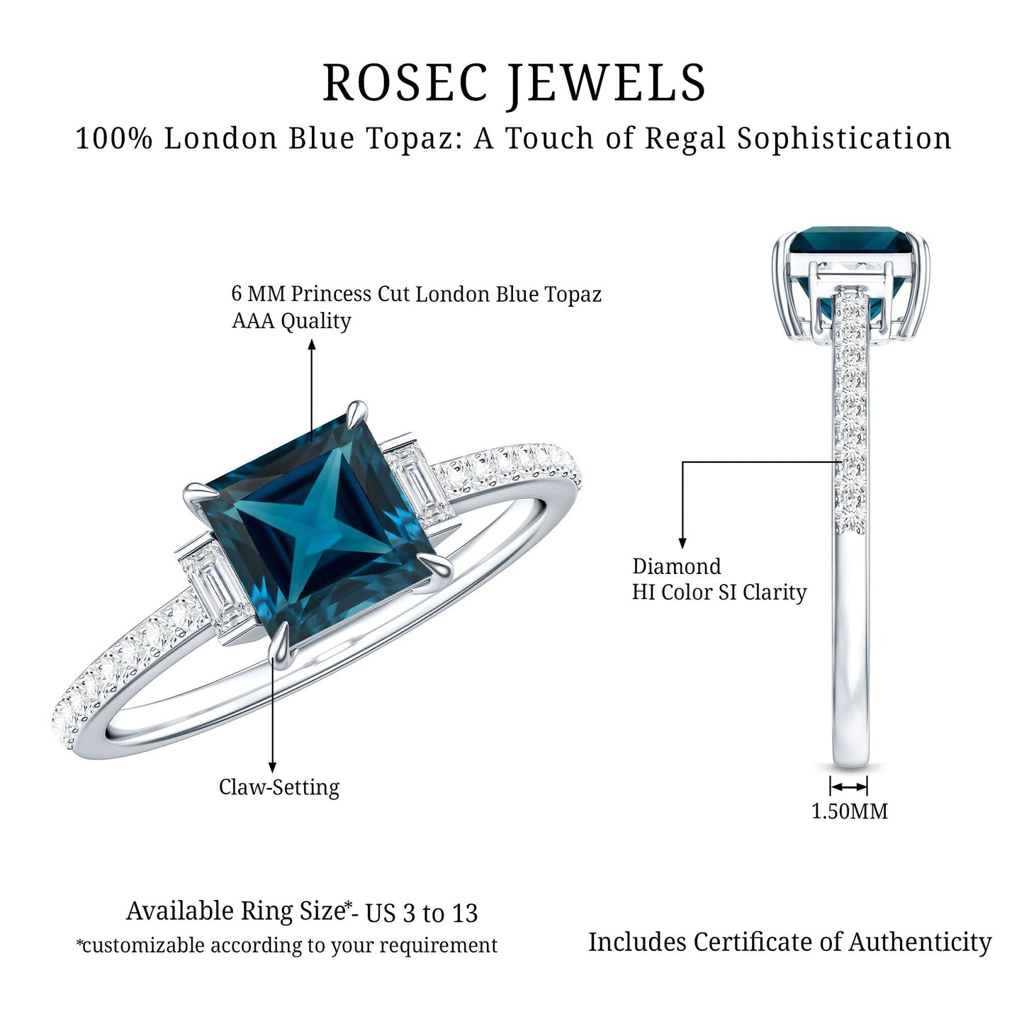 1 Carat Princess Cut London Blue Topaz Engagement Ring with Diamond