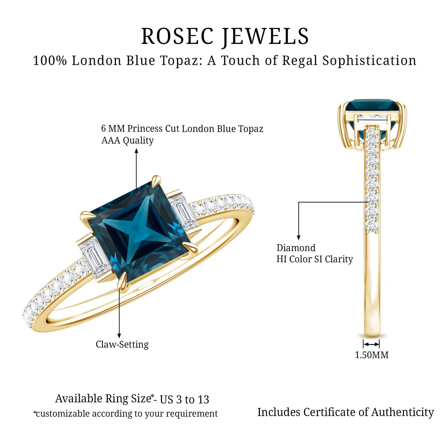 1 Carat Princess Cut London Blue Topaz Engagement Ring with Diamond