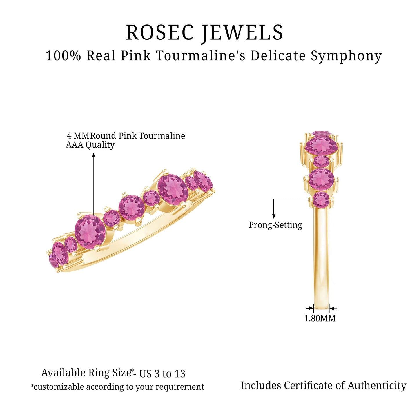 Certified Pink Tourmaline Half Eternity Band Ring