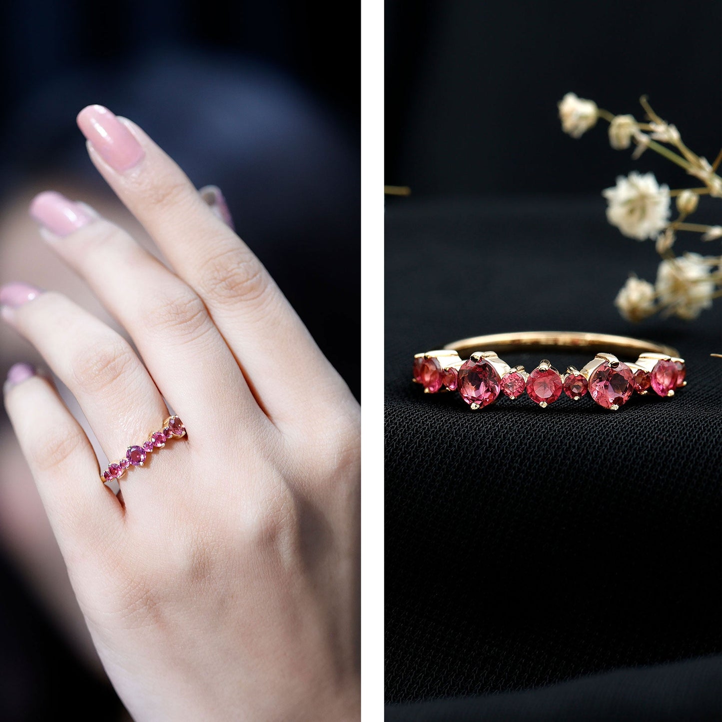 Certified Pink Tourmaline Half Eternity Band Ring