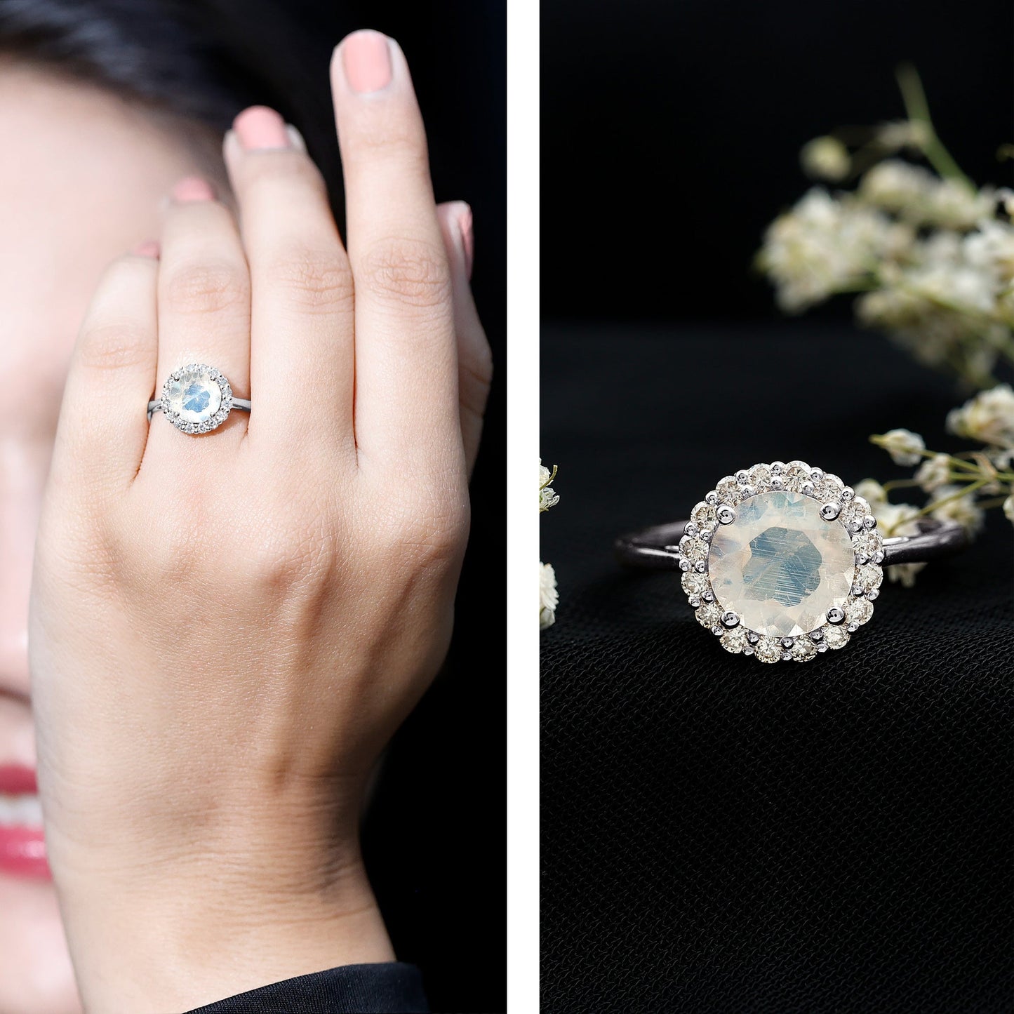 0.8 CT Round Moonstone Halo Engagement Ring with Diamond
