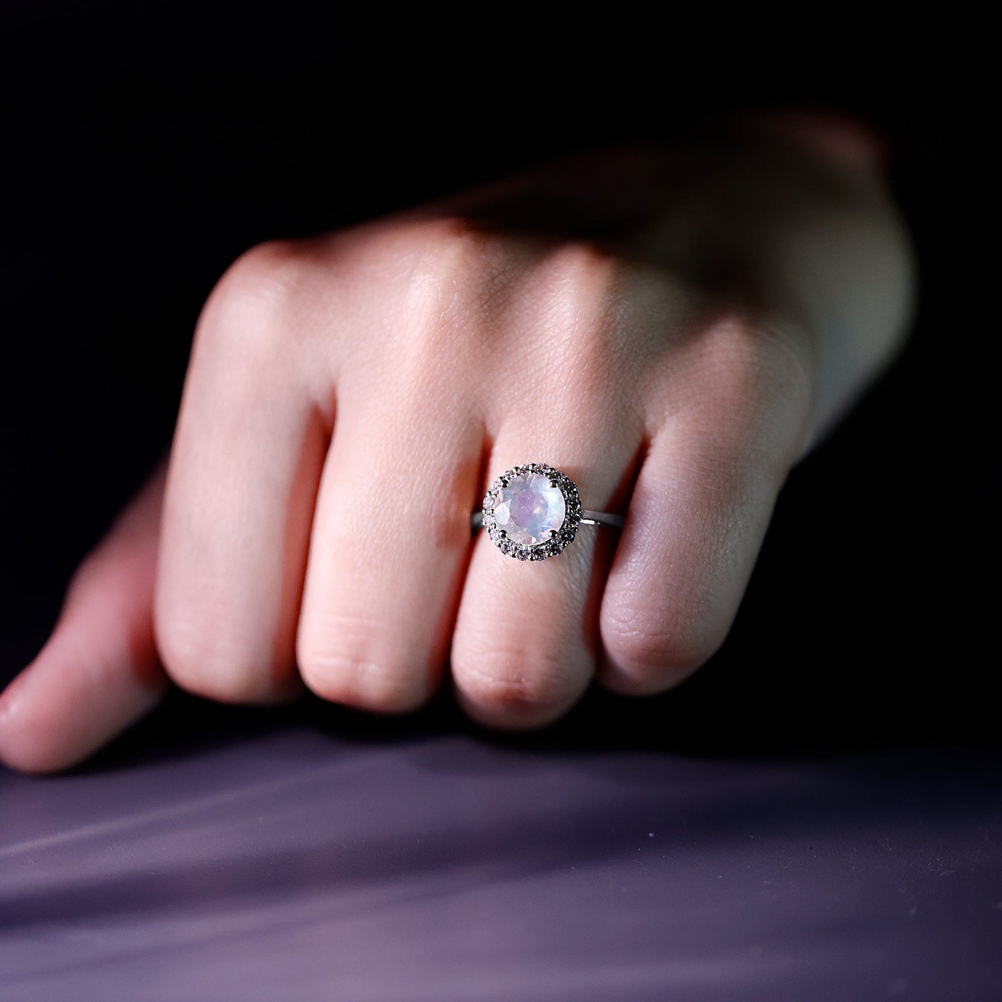 0.8 CT Round Moonstone Halo Engagement Ring with Diamond