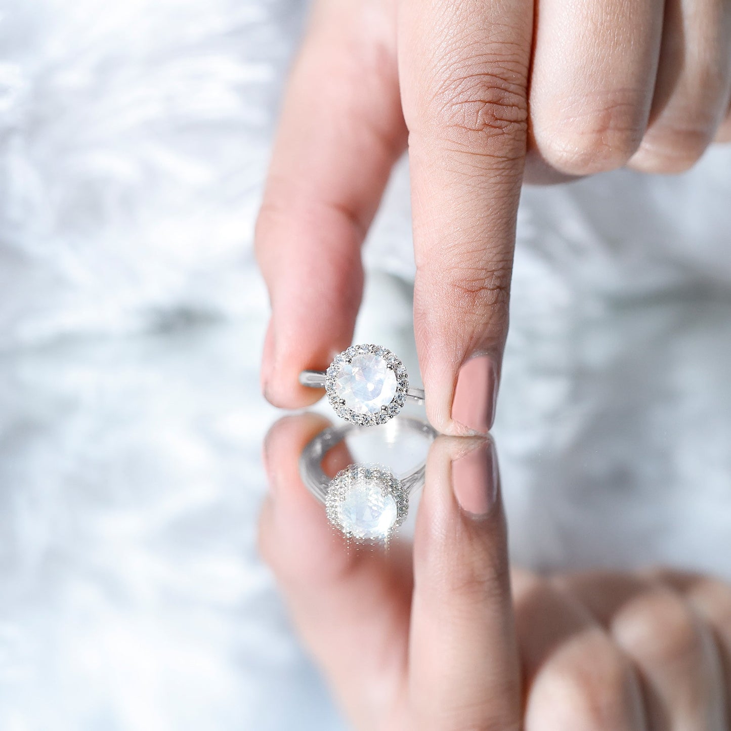 0.8 CT Round Moonstone Halo Engagement Ring with Diamond
