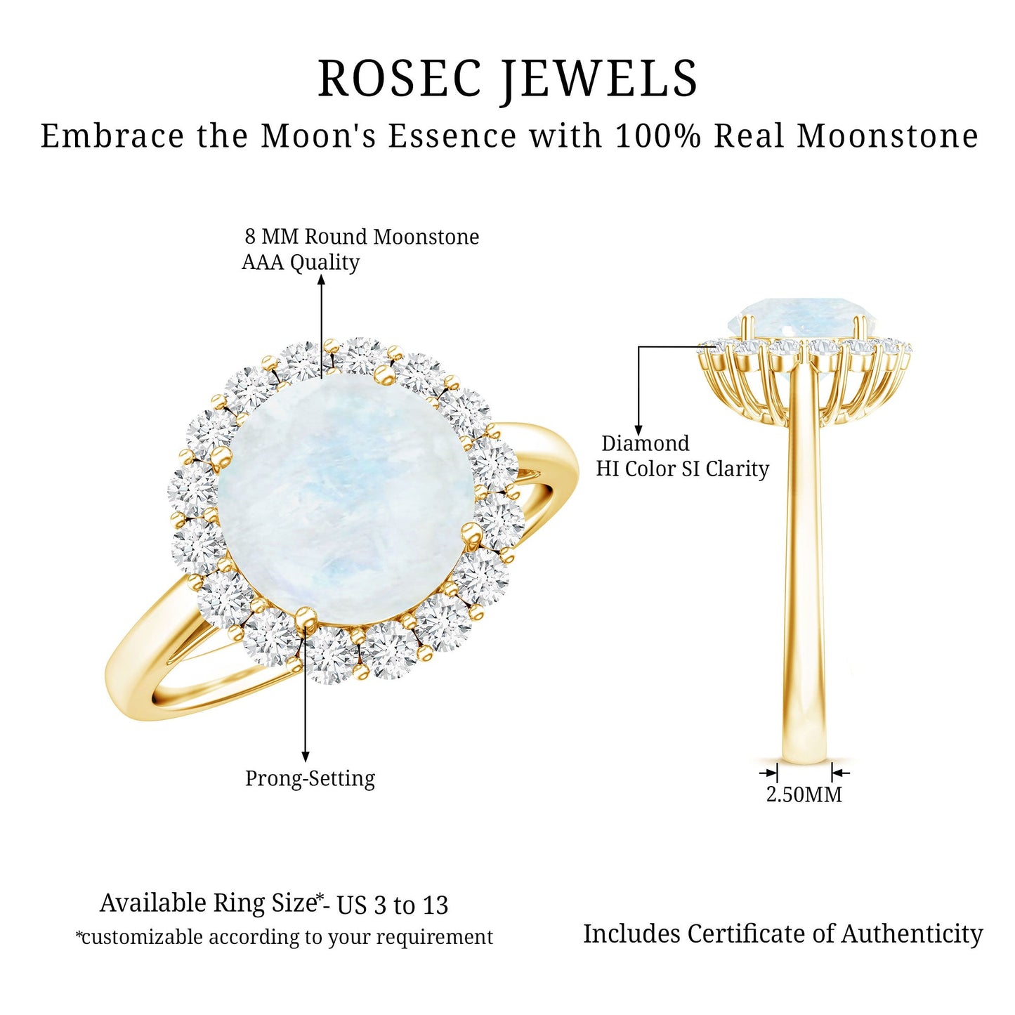 0.8 CT Round Moonstone Halo Engagement Ring with Diamond