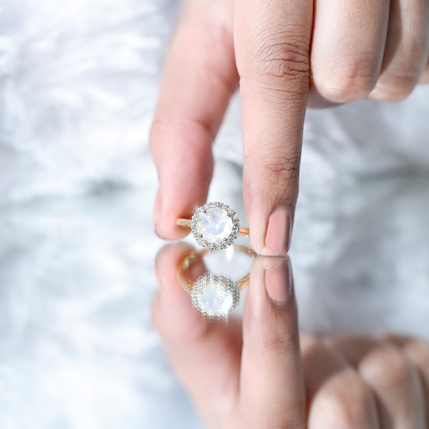 0.8 CT Round Moonstone Halo Engagement Ring with Diamond