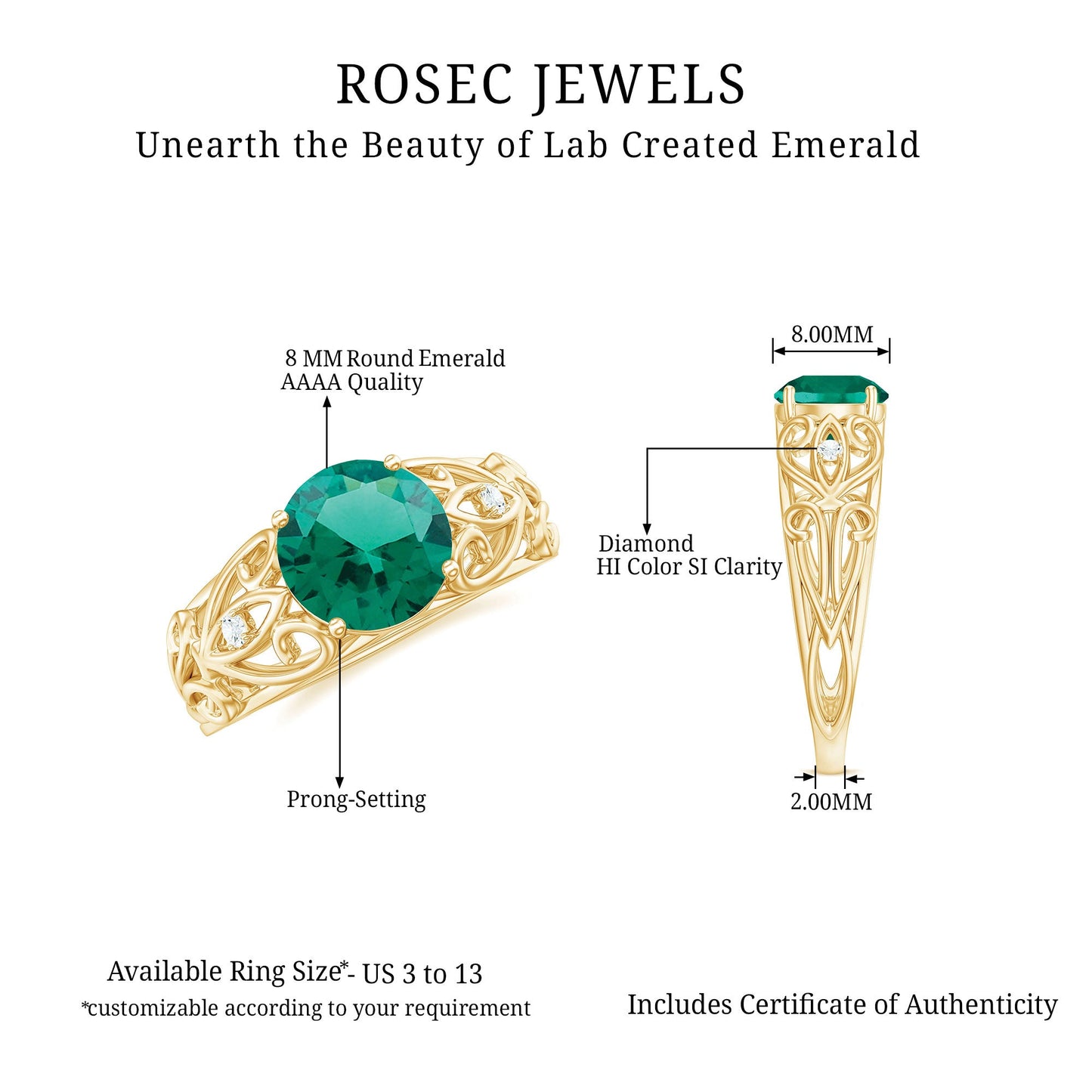 Certified 2 Carat Lab Grown Emerald Antique Engagement Ring