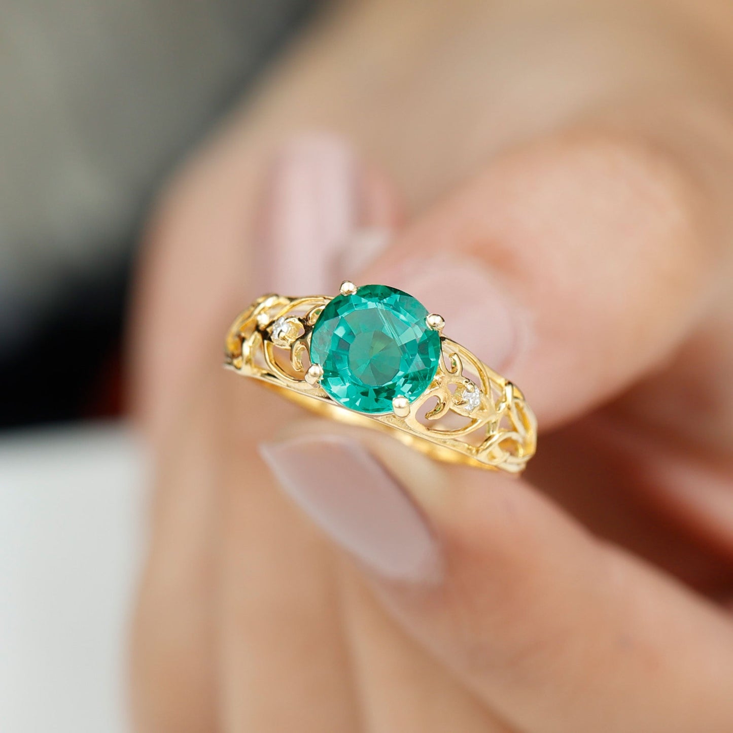 Certified 2 Carat Lab Grown Emerald Antique Engagement Ring
