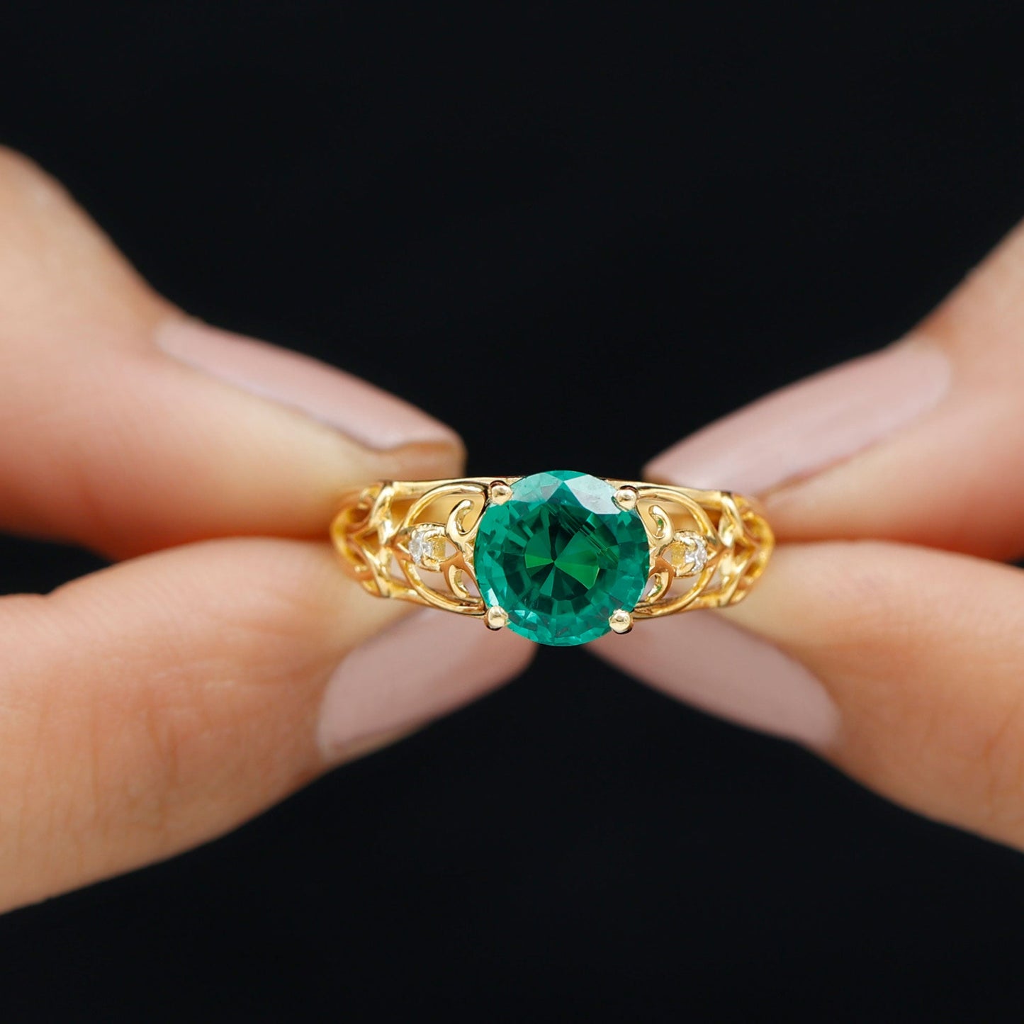 Certified 2 Carat Lab Grown Emerald Antique Engagement Ring