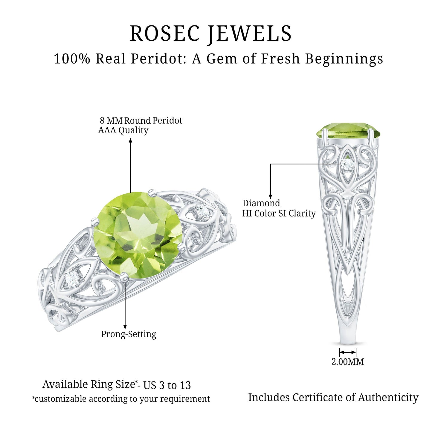 Antique Inspired 2 Carat Peridot Engagement Ring with Diamond