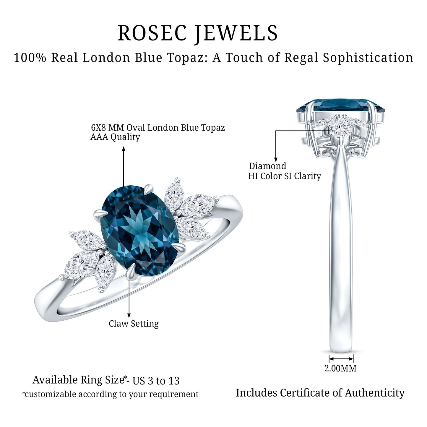 Oval Cut London Blue Topaz Engagement Ring with Diamond Trio