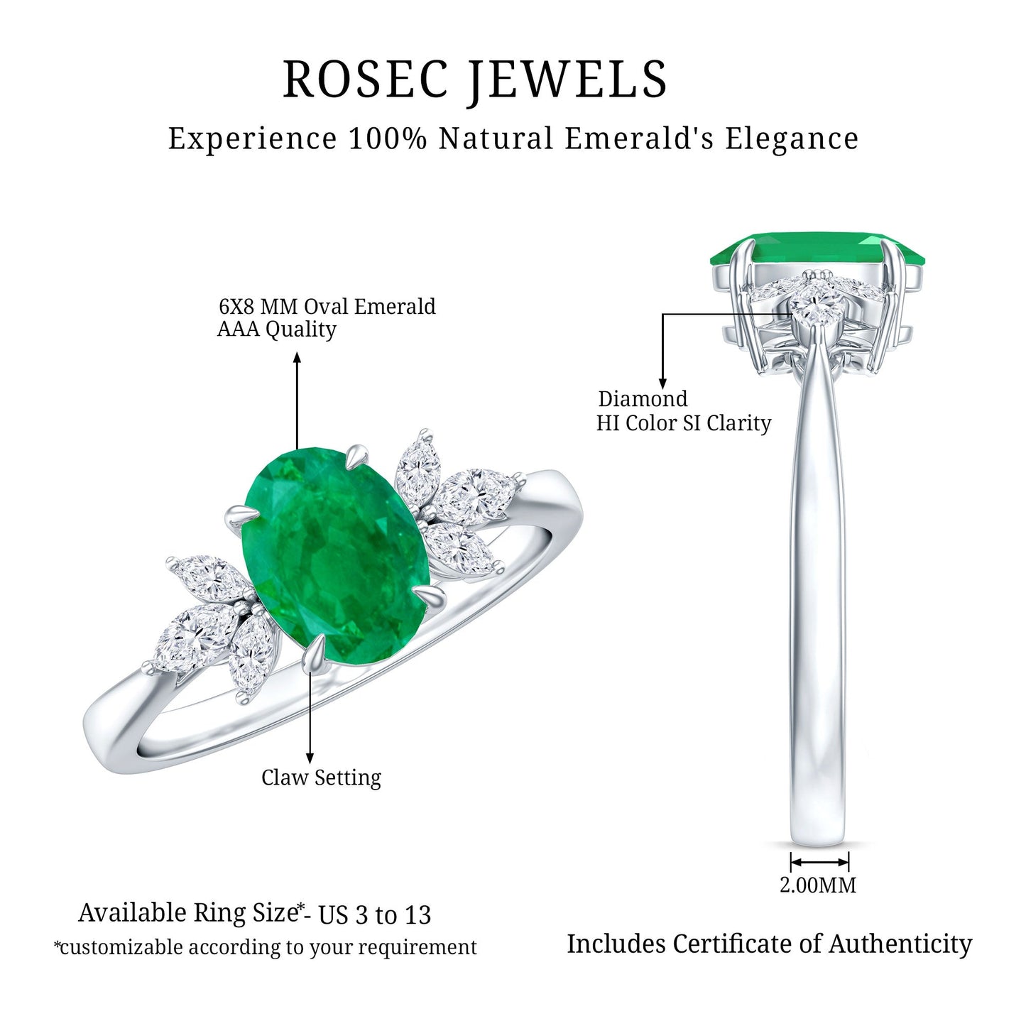 Natural 1.2 Carat Oval Emerald Engagement Ring with Diamond Trio