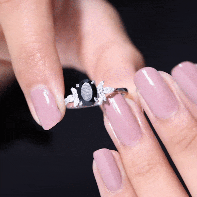 Oval Cut Black Onyx Engagement Ring with Diamond Trio