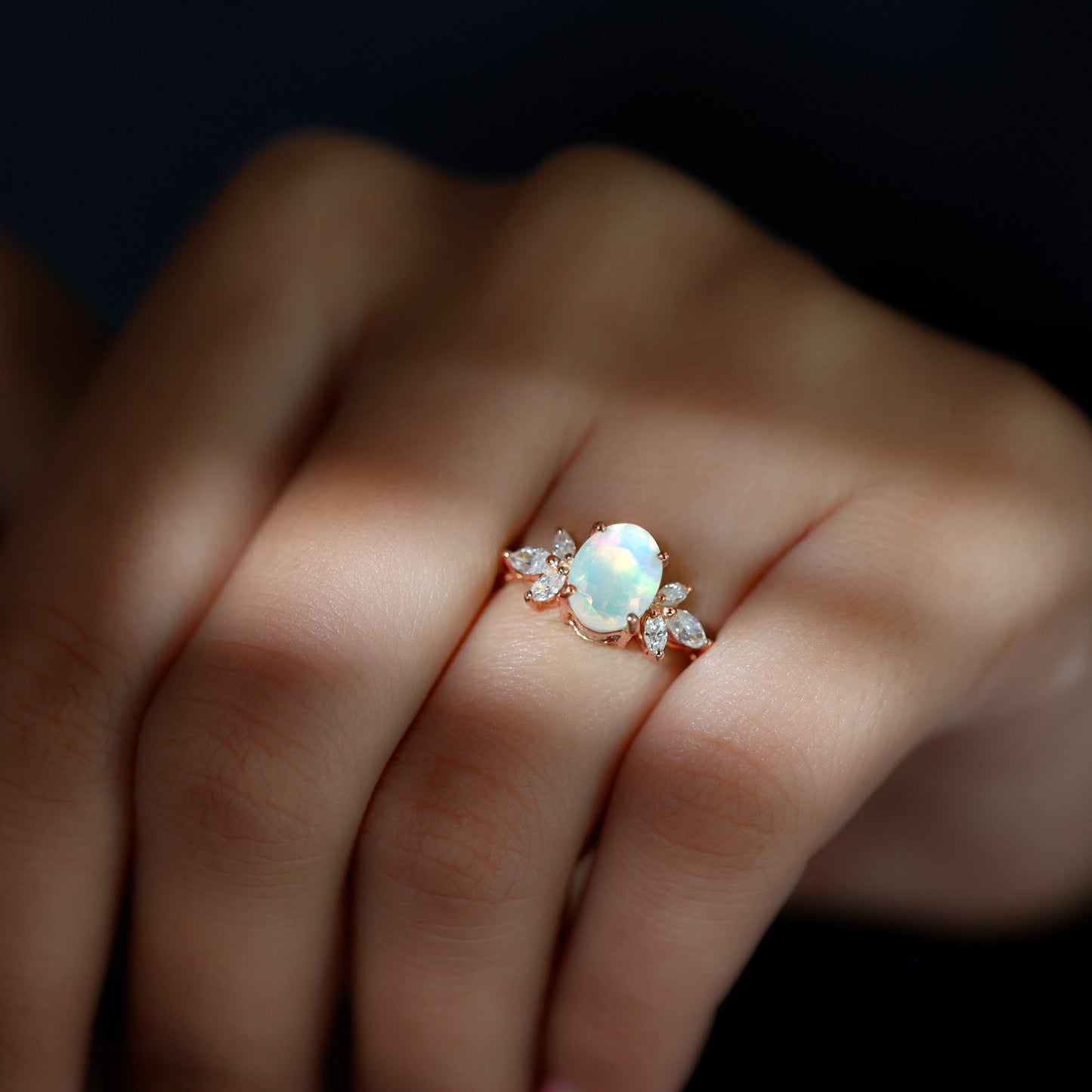 1.2 Carat Natural Rainbow Opal Oval Engagement Ring with Diamond