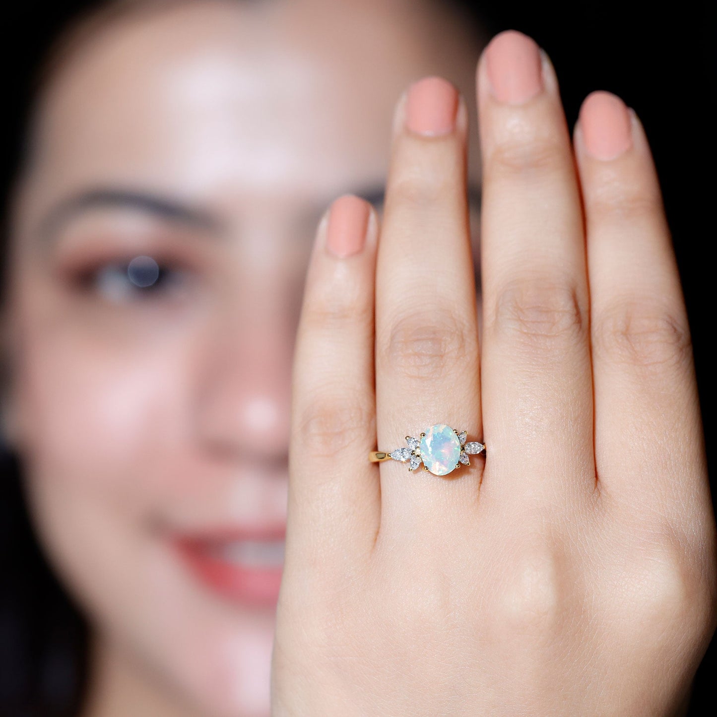 1.2 Carat Natural Rainbow Opal Oval Engagement Ring with Diamond