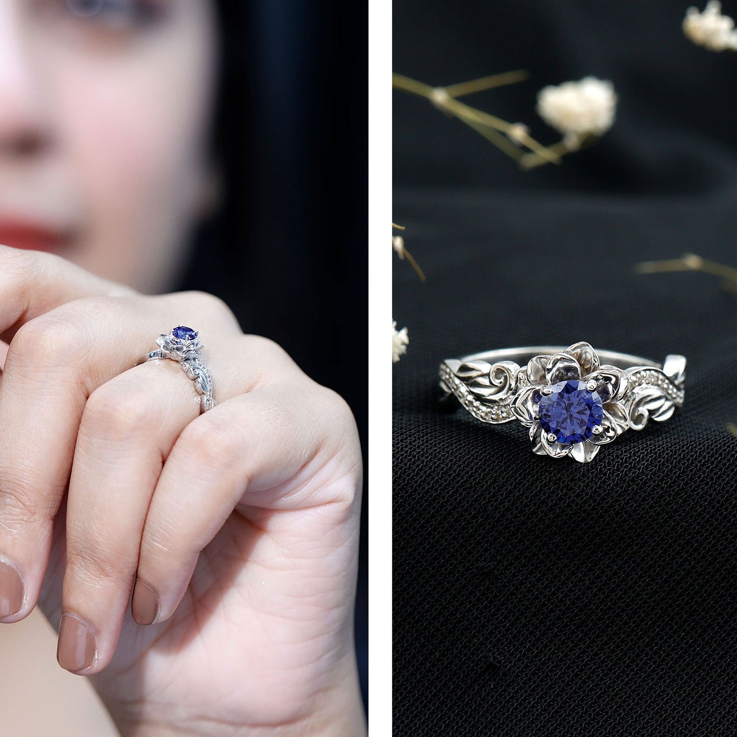 Certified Lab Grown Blue Sapphire Flower Engagement Ring with Diamond