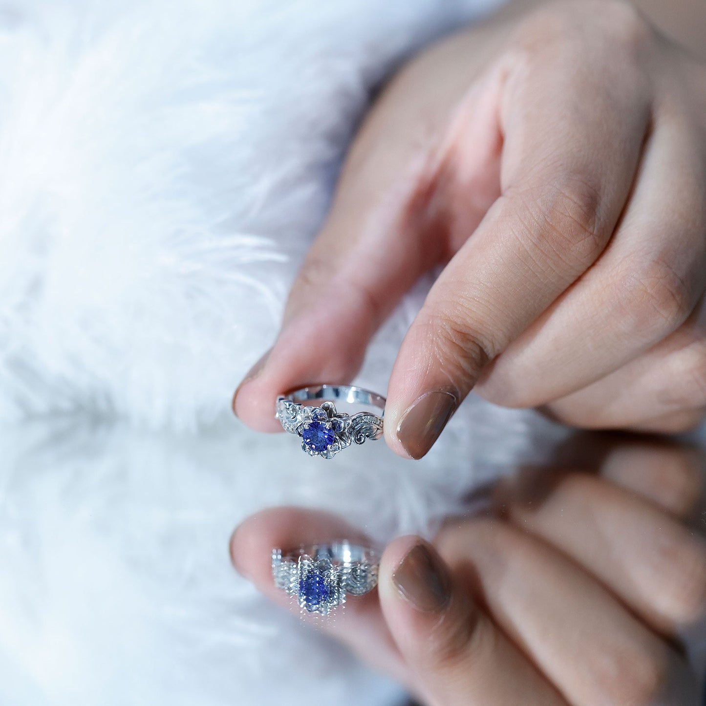 Certified Lab Grown Blue Sapphire Flower Engagement Ring with Diamond