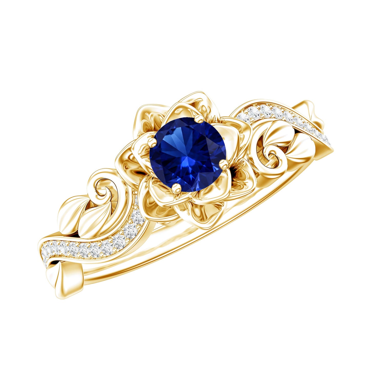 Certified Lab Grown Blue Sapphire Flower Engagement Ring with Diamond