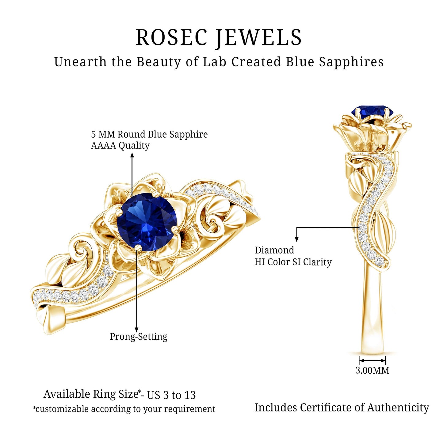 Certified Lab Grown Blue Sapphire Flower Engagement Ring with Diamond