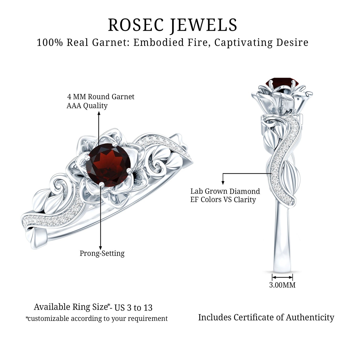 Certified Natural Garnet Rose Flower Engagement Ring with Diamond