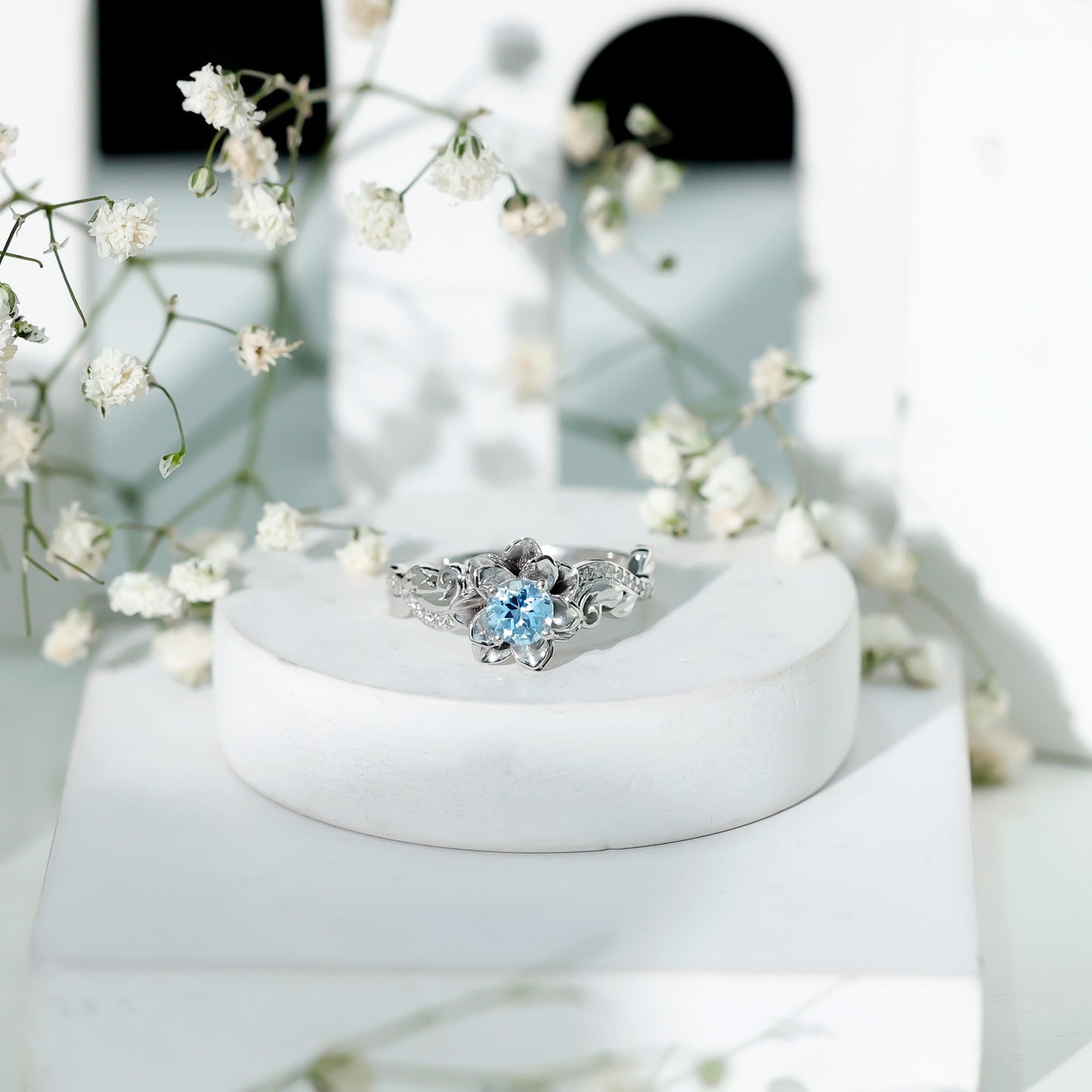 Natural Aquamarine Flower Inspired Engagement Ring With Diamond
