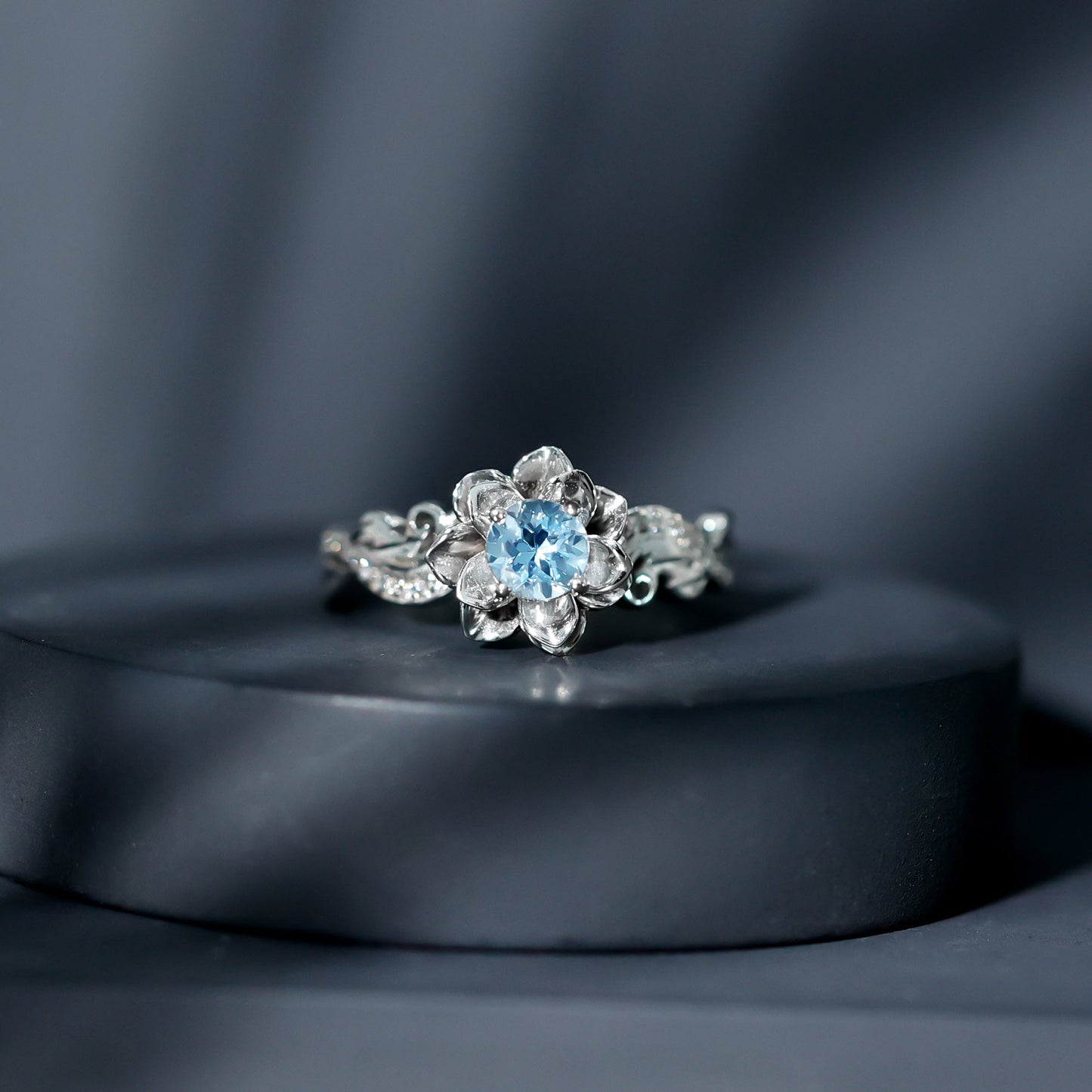 Natural Aquamarine Flower Inspired Engagement Ring With Diamond