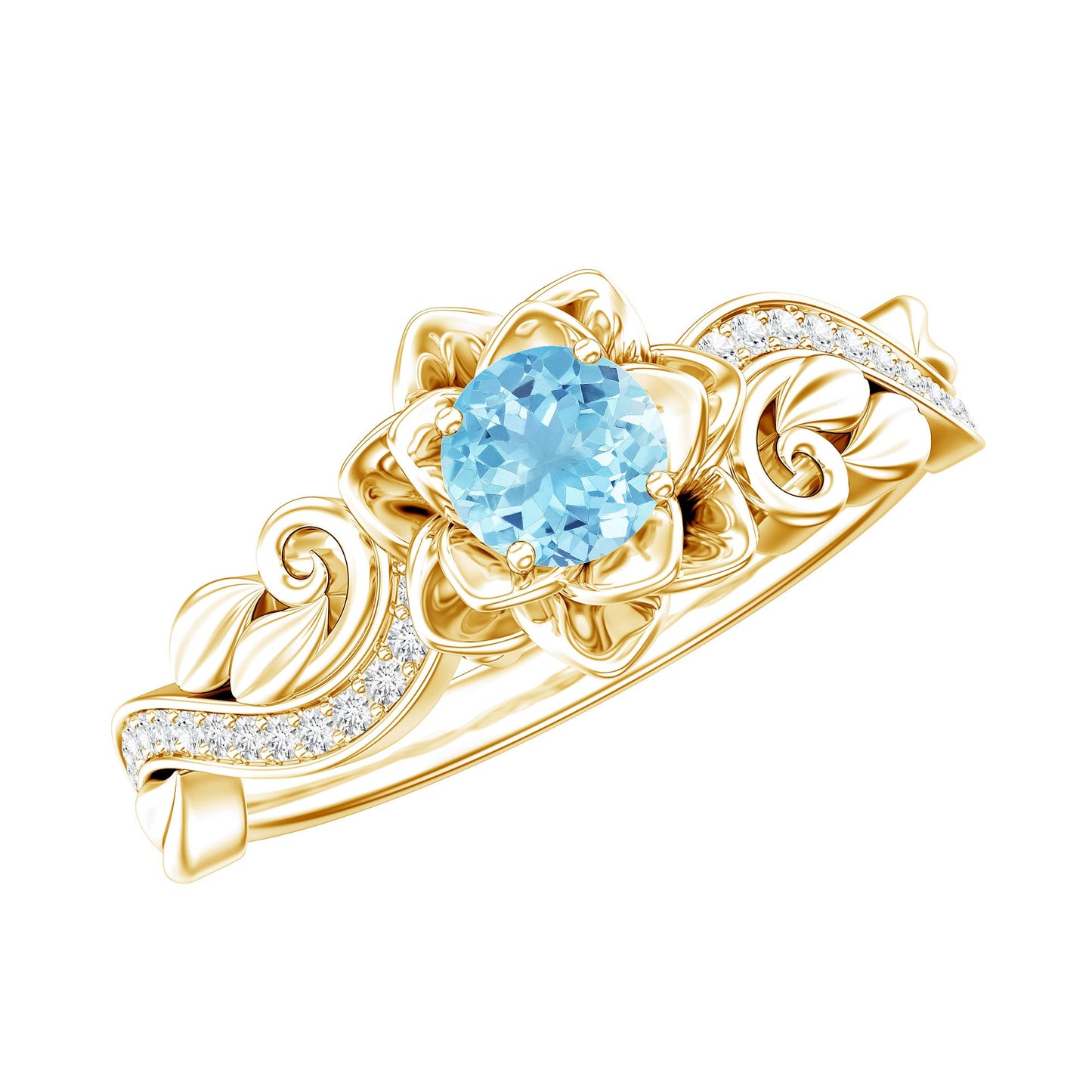 Natural Aquamarine Flower Inspired Engagement Ring With Diamond
