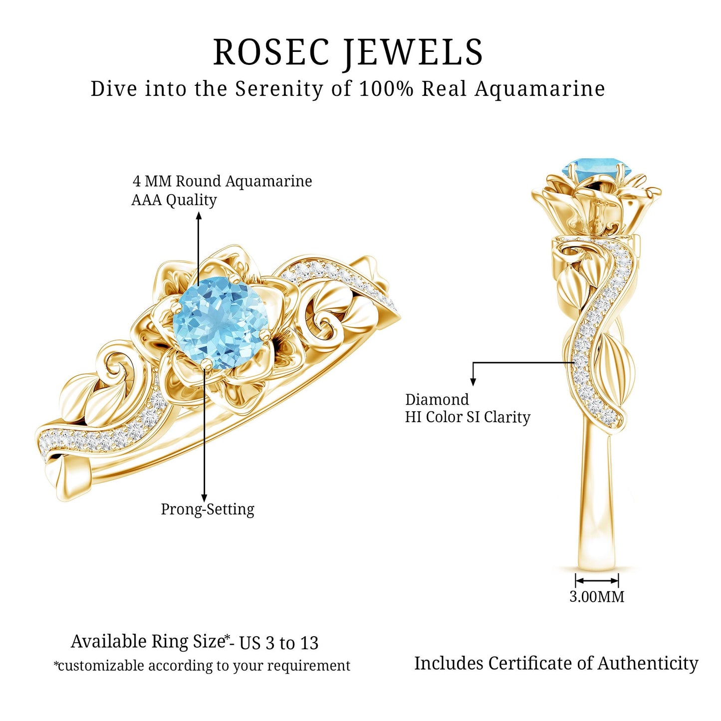 Natural Aquamarine Flower Inspired Engagement Ring With Diamond