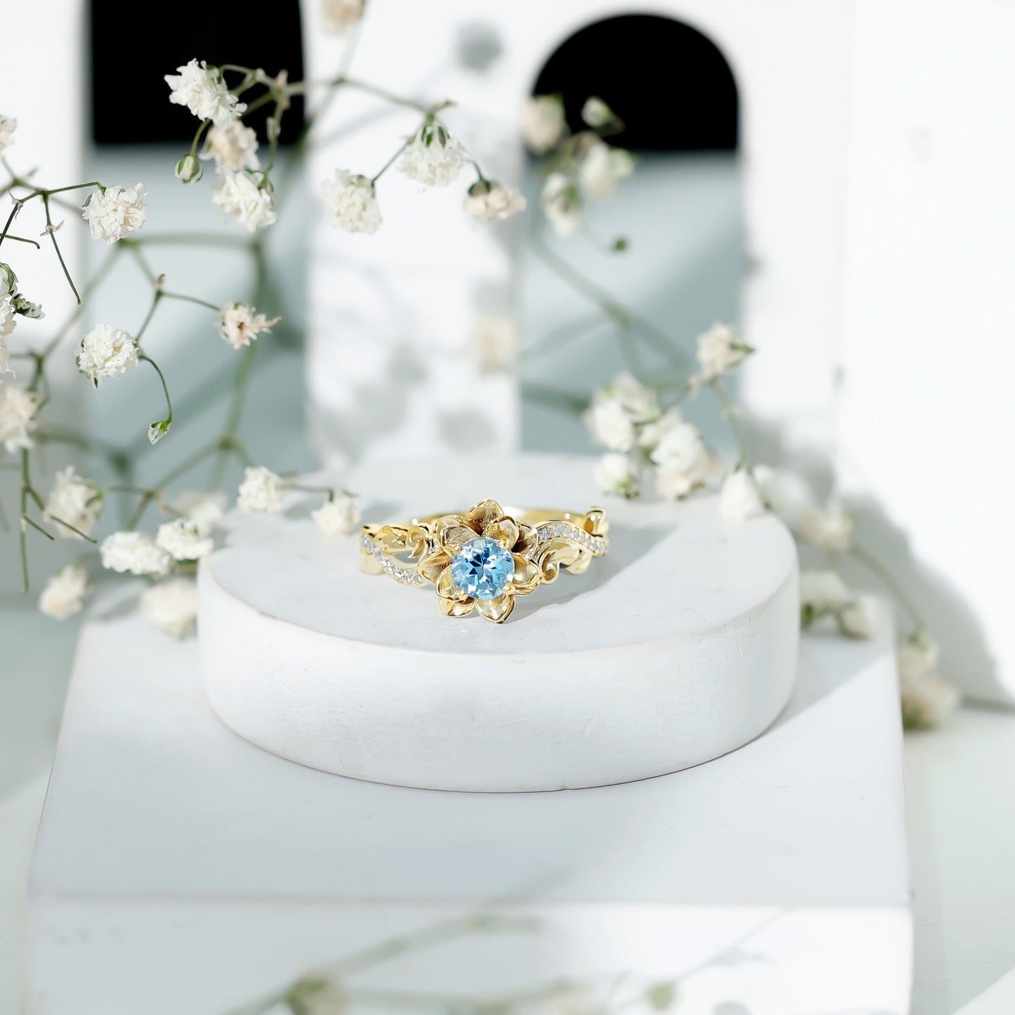 Natural Aquamarine Flower Inspired Engagement Ring With Diamond