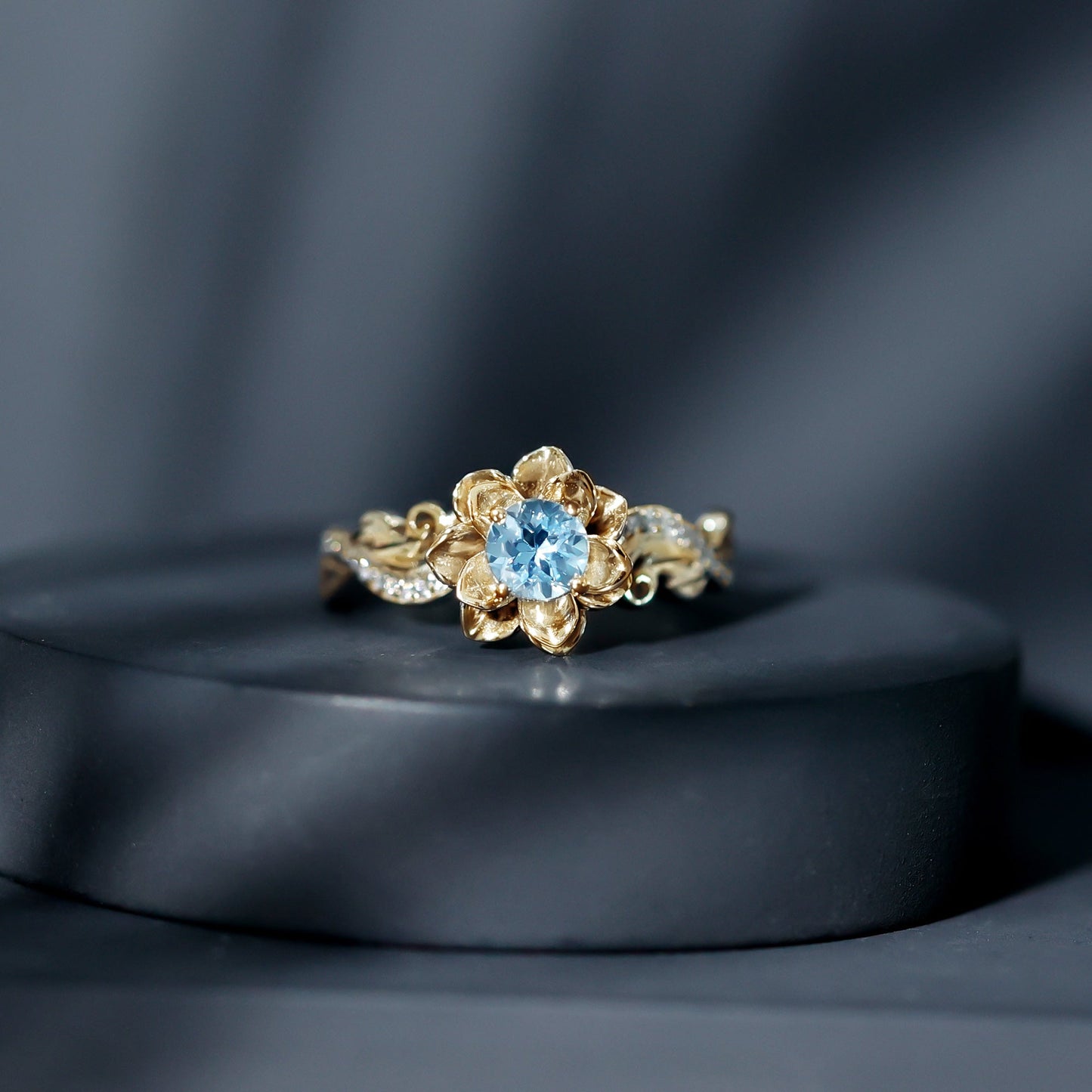 Natural Aquamarine Flower Inspired Engagement Ring With Diamond