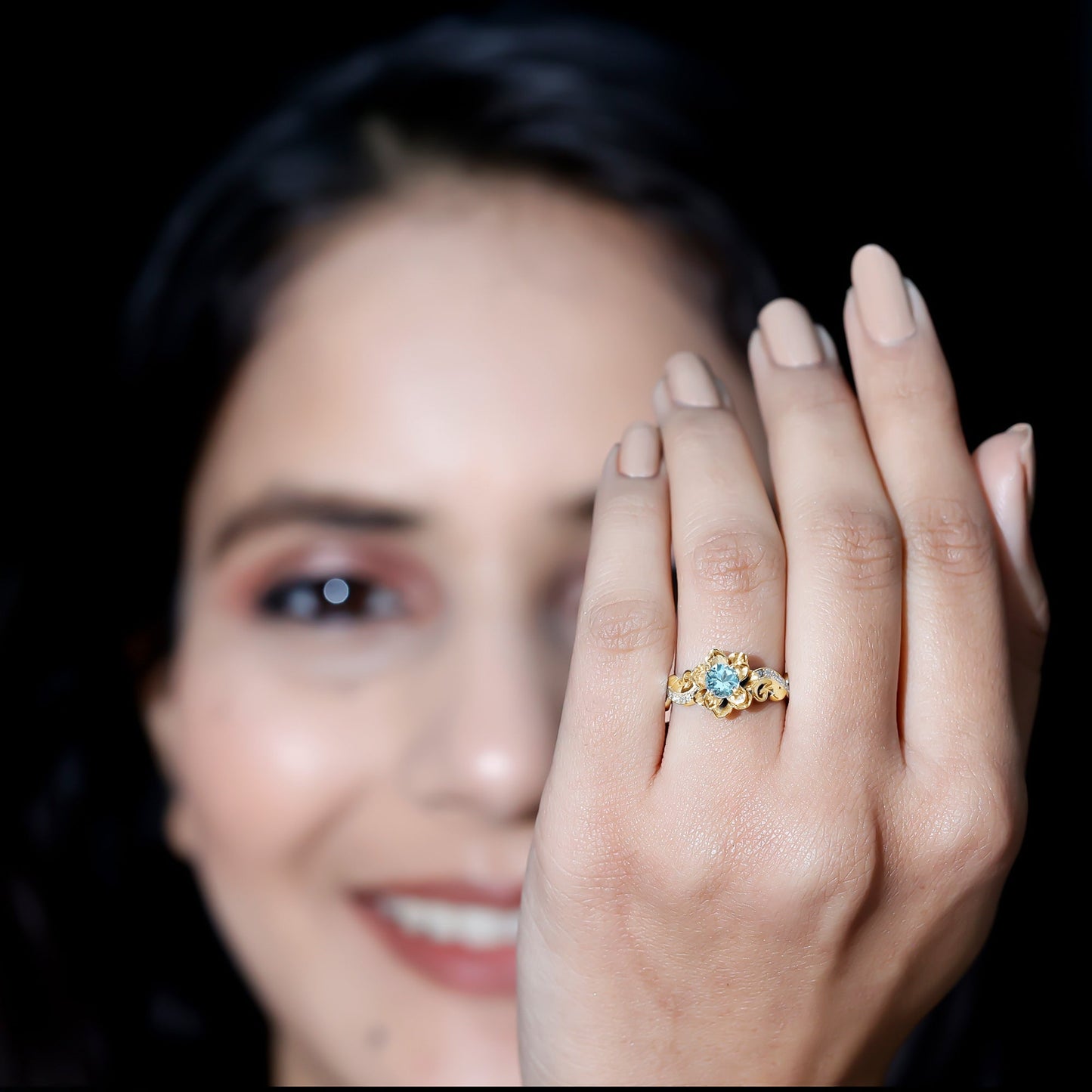 Natural Aquamarine Flower Inspired Engagement Ring With Diamond