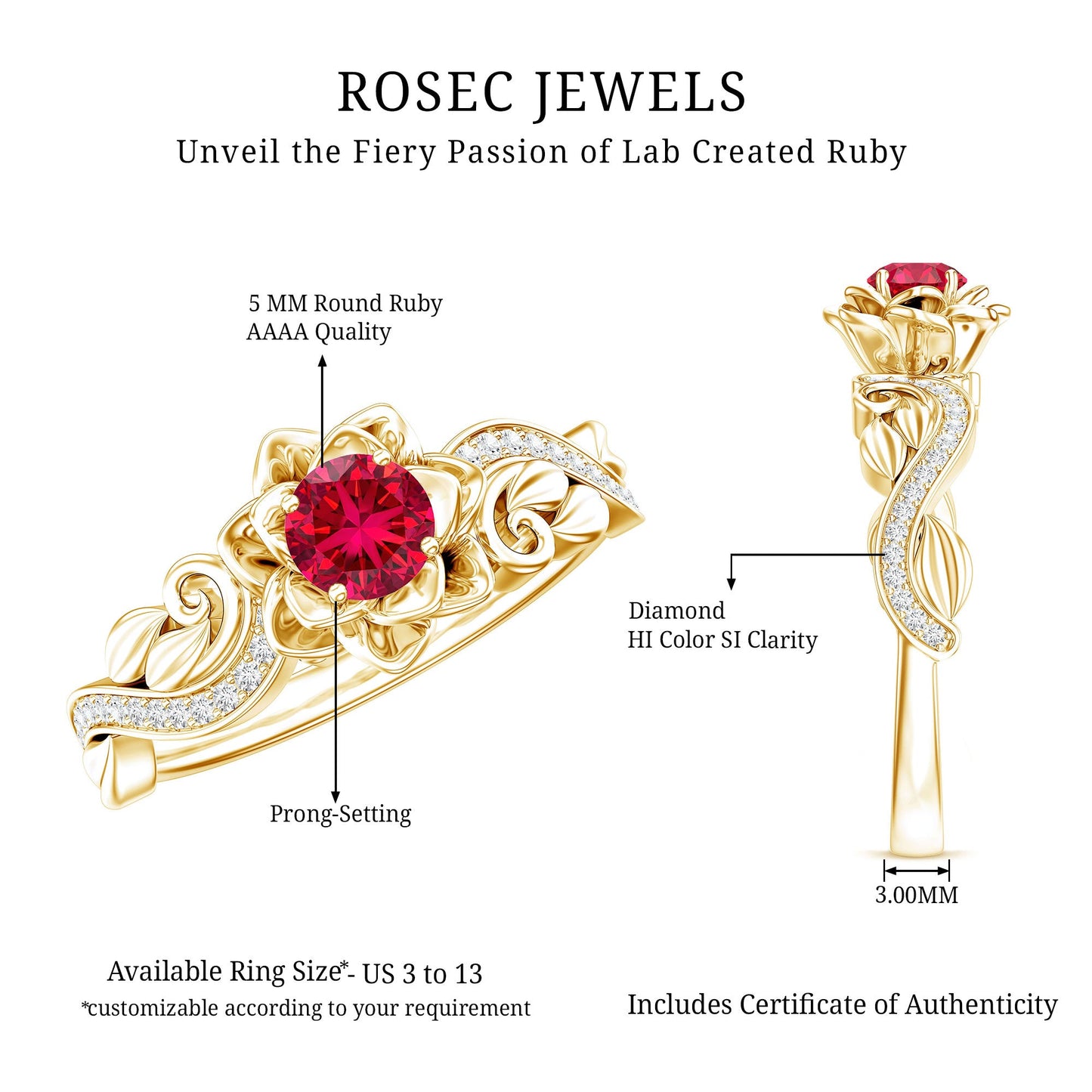 Nature Inspired Engagement Ring with Lab Ruby and Diamonds