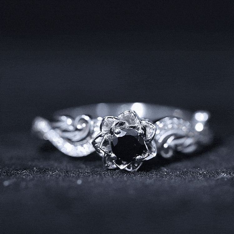 Nature Inspired Black Onyx and Diamond Floral Engagement Ring