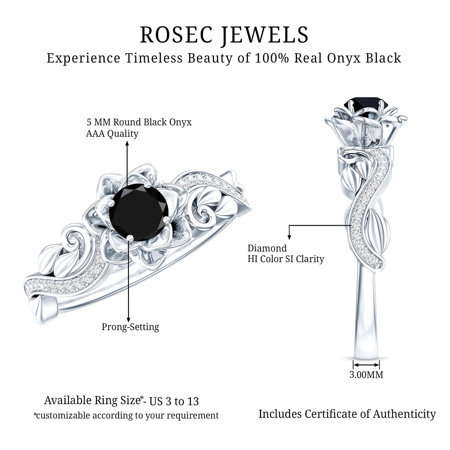Nature Inspired Black Onyx and Diamond Floral Engagement Ring