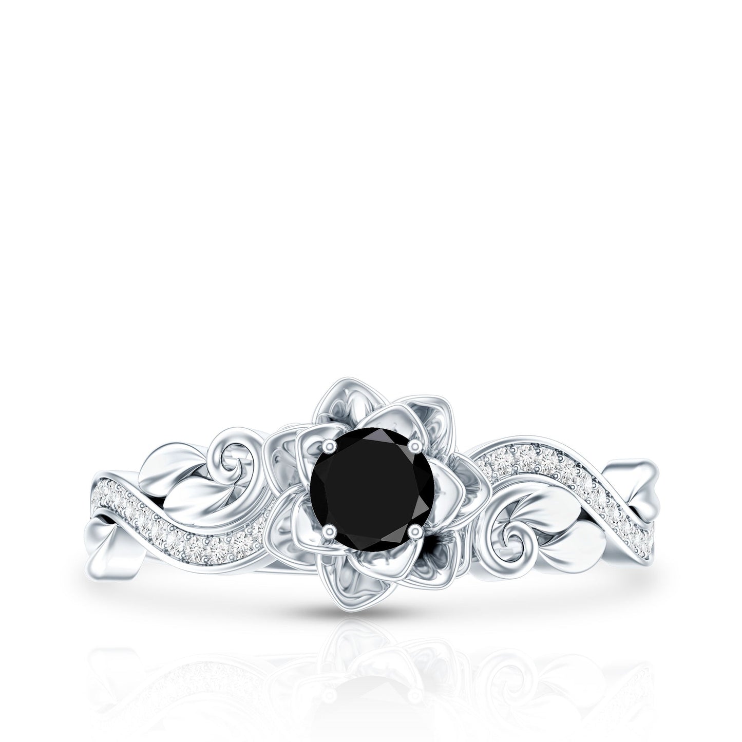 Nature Inspired Black Onyx and Diamond Floral Engagement Ring