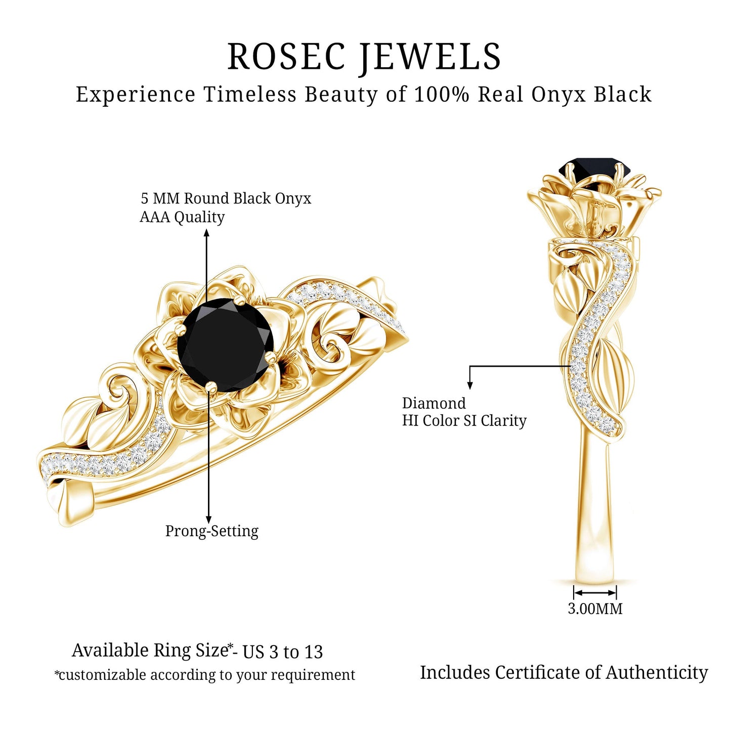 Nature Inspired Black Onyx and Diamond Floral Engagement Ring