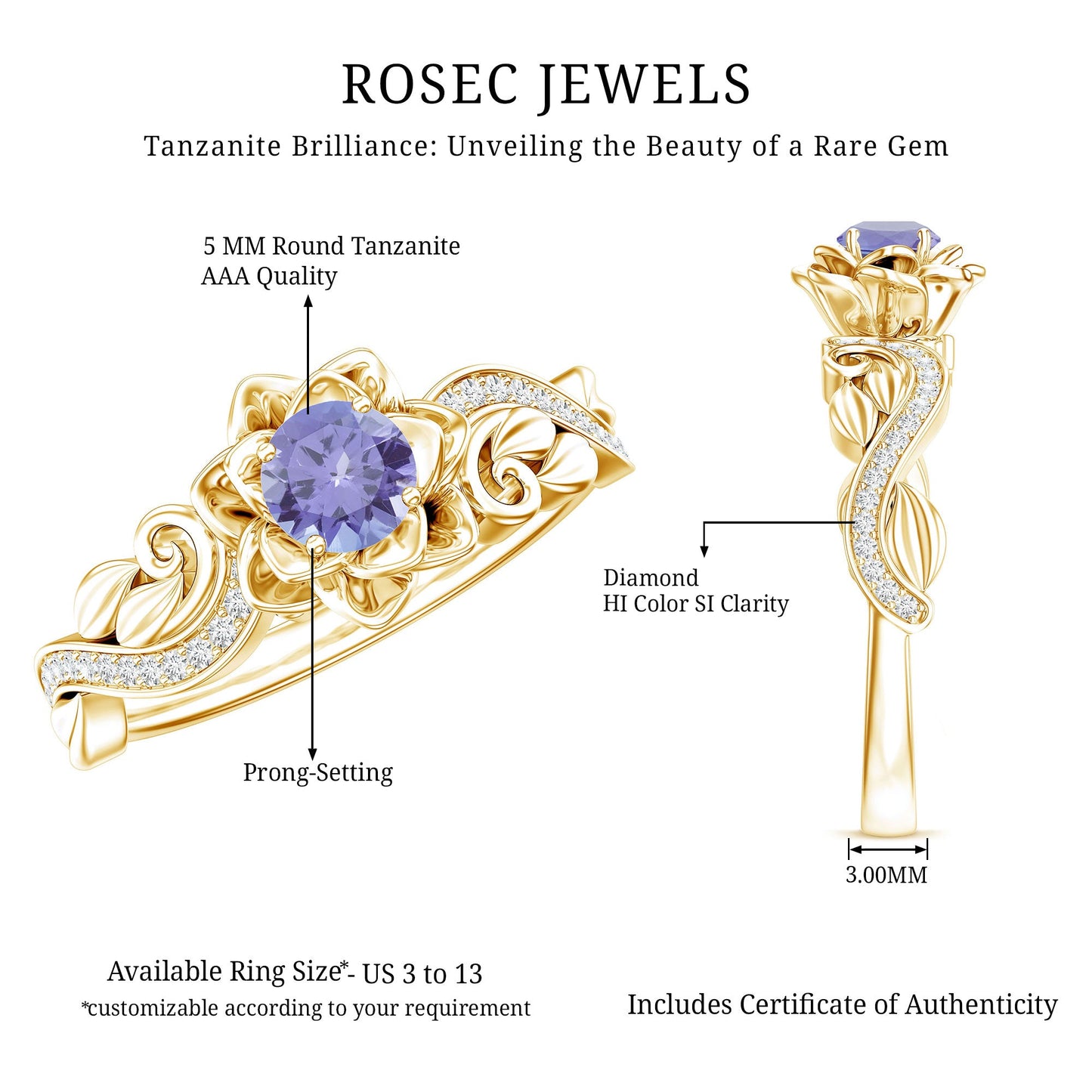 Nature Inspired Tanzanite Engagement Ring with Diamond