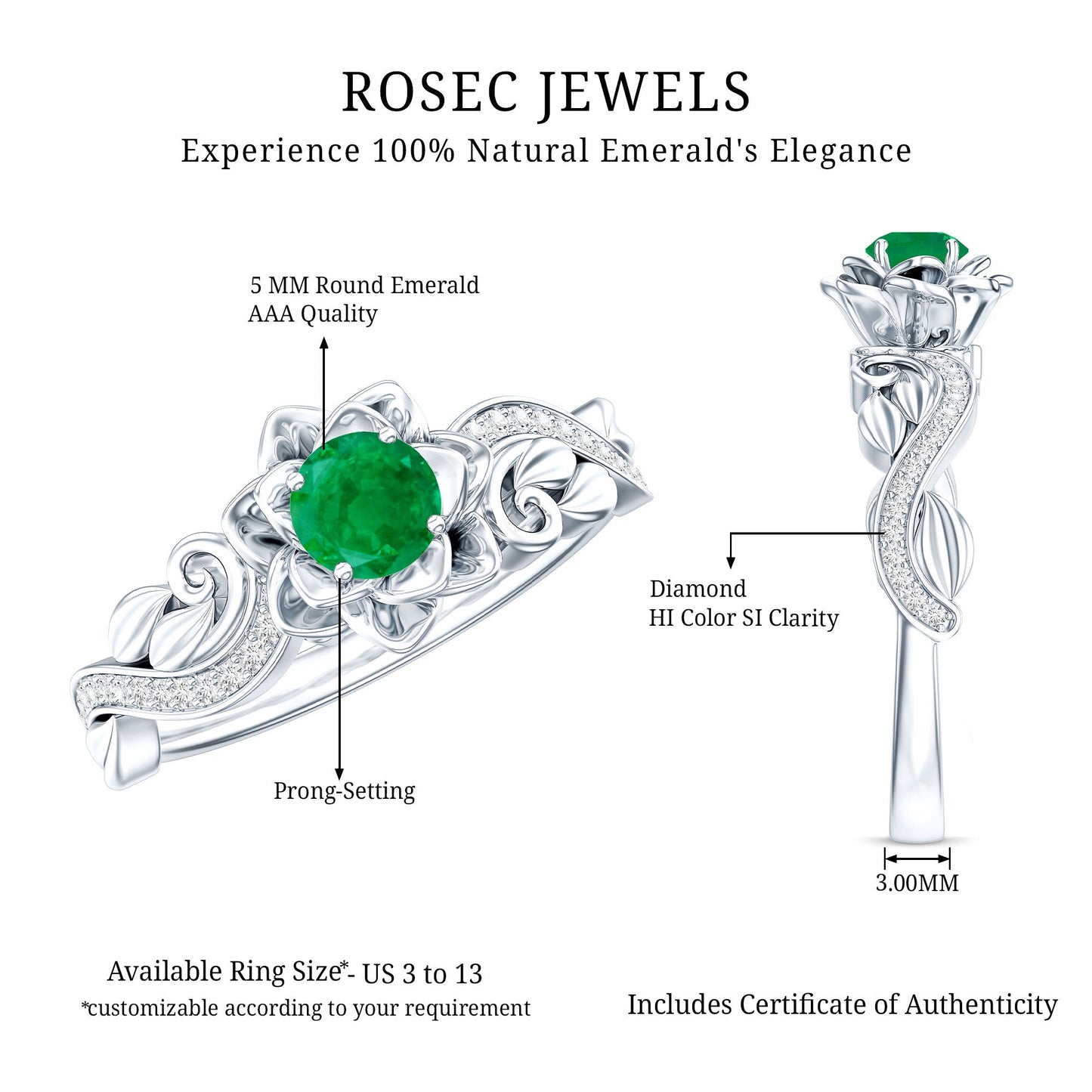 Natural Emerald Flower Engagement Ring with Diamond