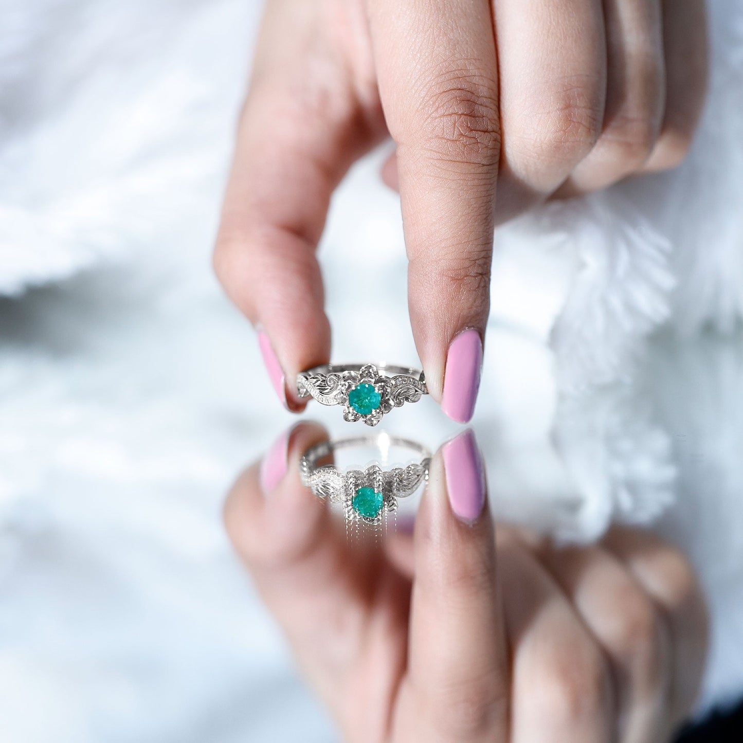 Natural Emerald Flower Engagement Ring with Diamond