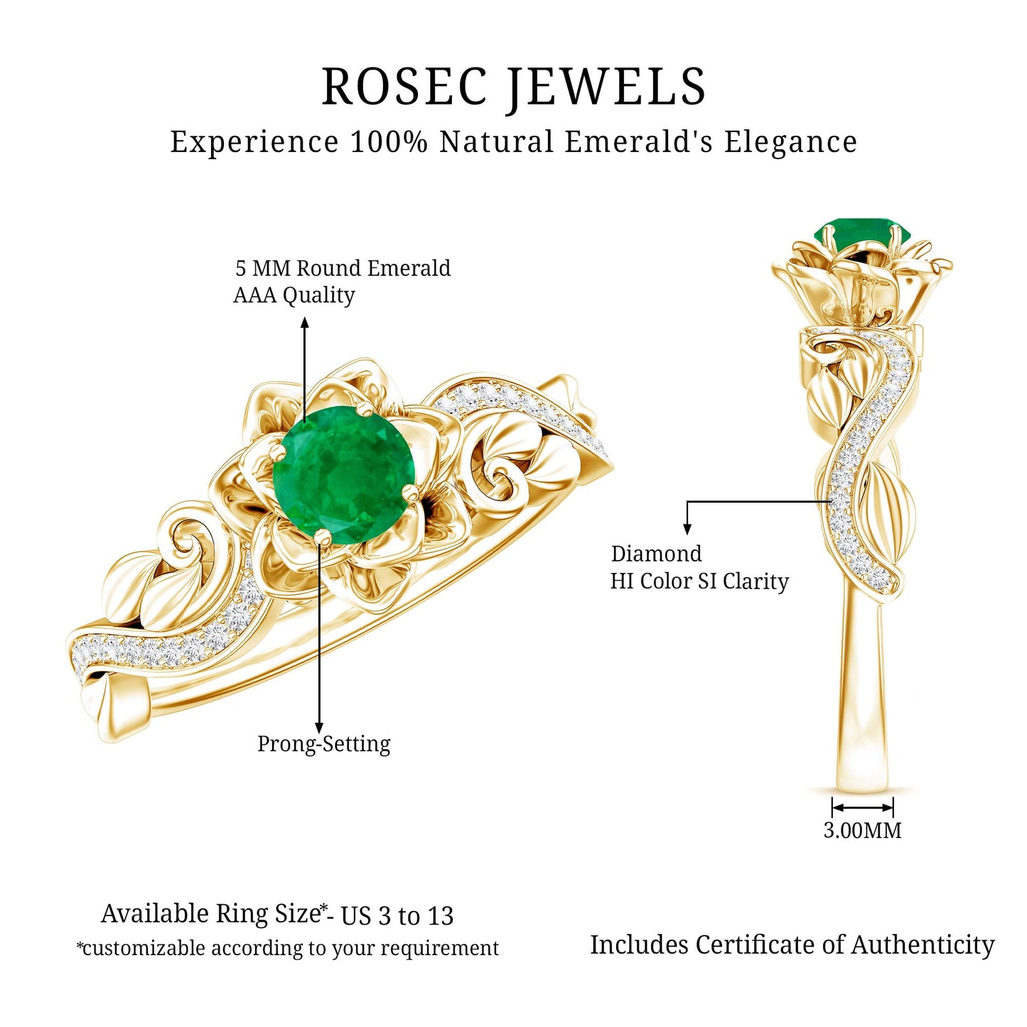 Natural Emerald Flower Engagement Ring with Diamond