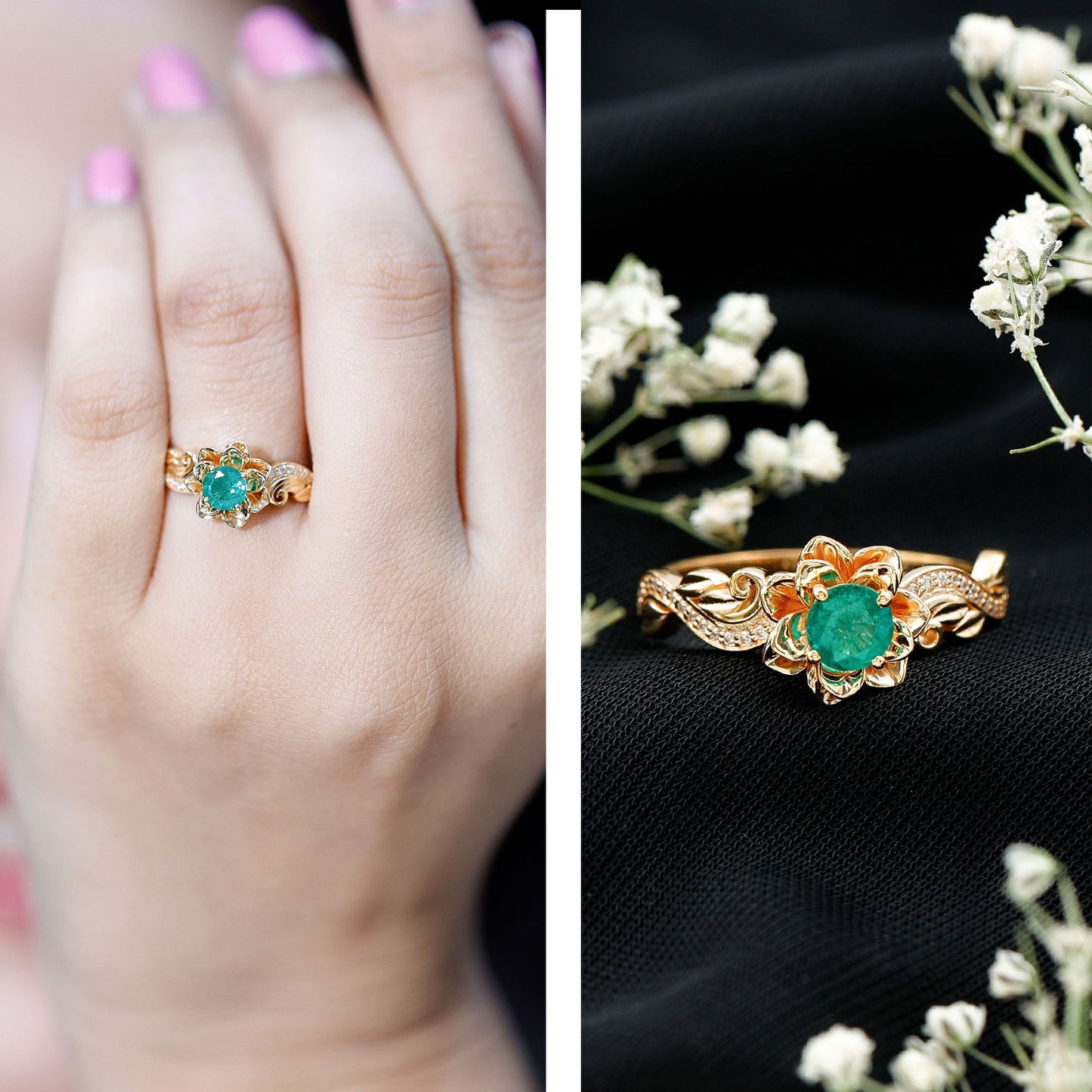 Natural Emerald Flower Engagement Ring with Diamond