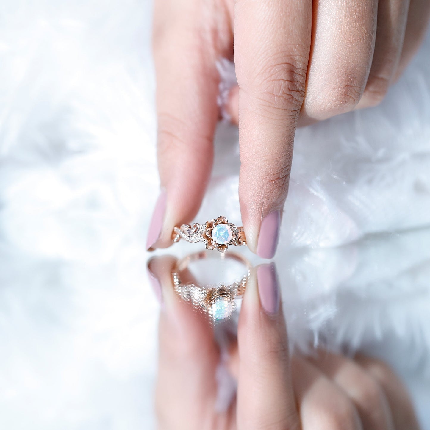 Genuine Ethiopian Opal Flower Engagement Ring With Real Diamond