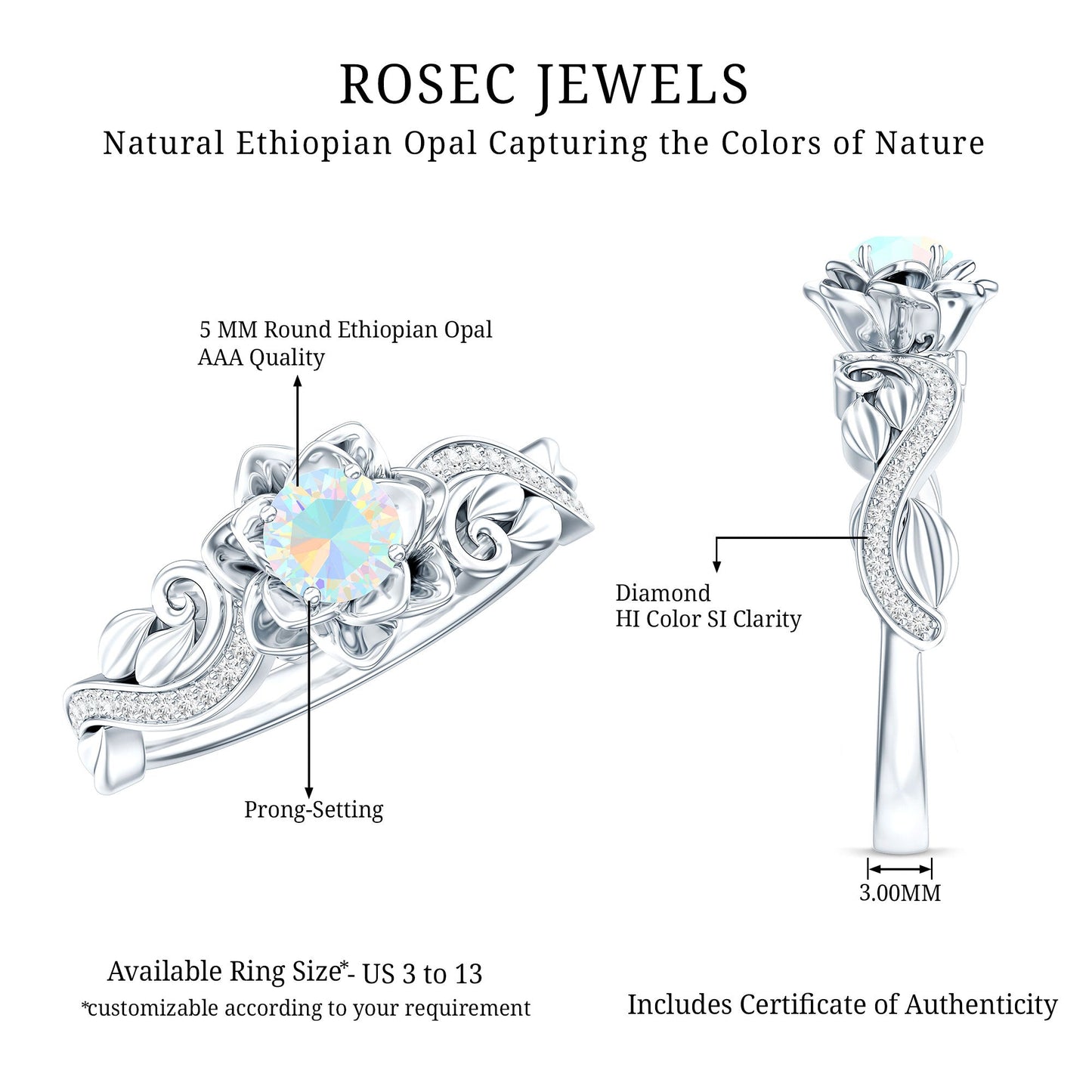 Genuine Ethiopian Opal Flower Engagement Ring With Real Diamond