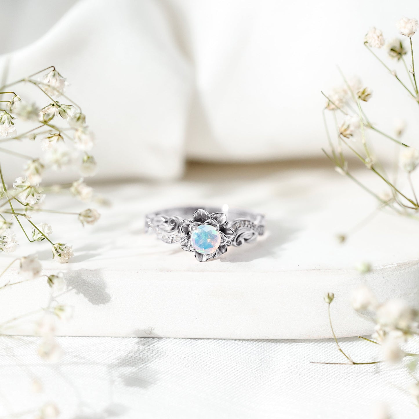 Genuine Ethiopian Opal Flower Engagement Ring With Real Diamond