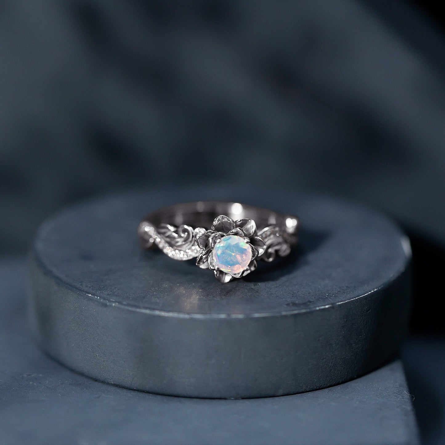 Genuine Ethiopian Opal Flower Engagement Ring With Real Diamond
