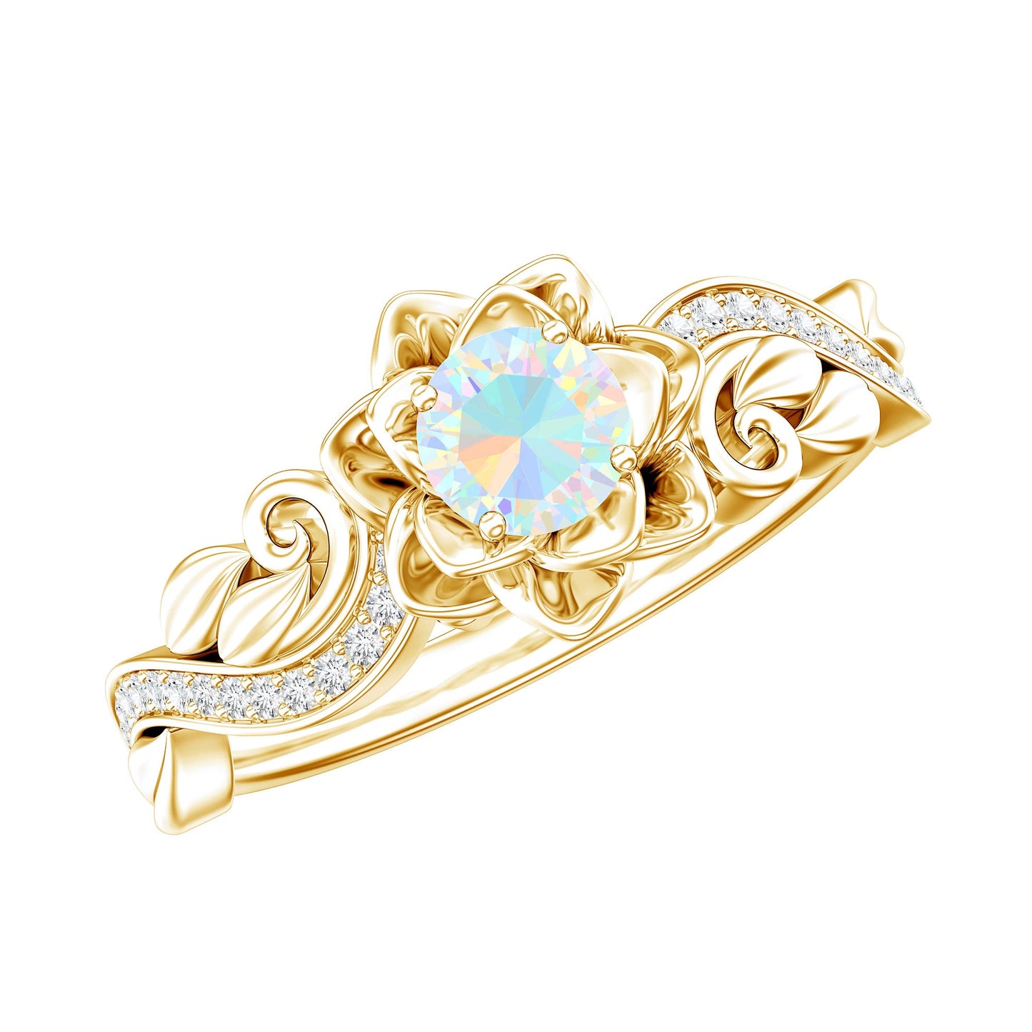 Genuine Ethiopian Opal Flower Engagement Ring With Real Diamond