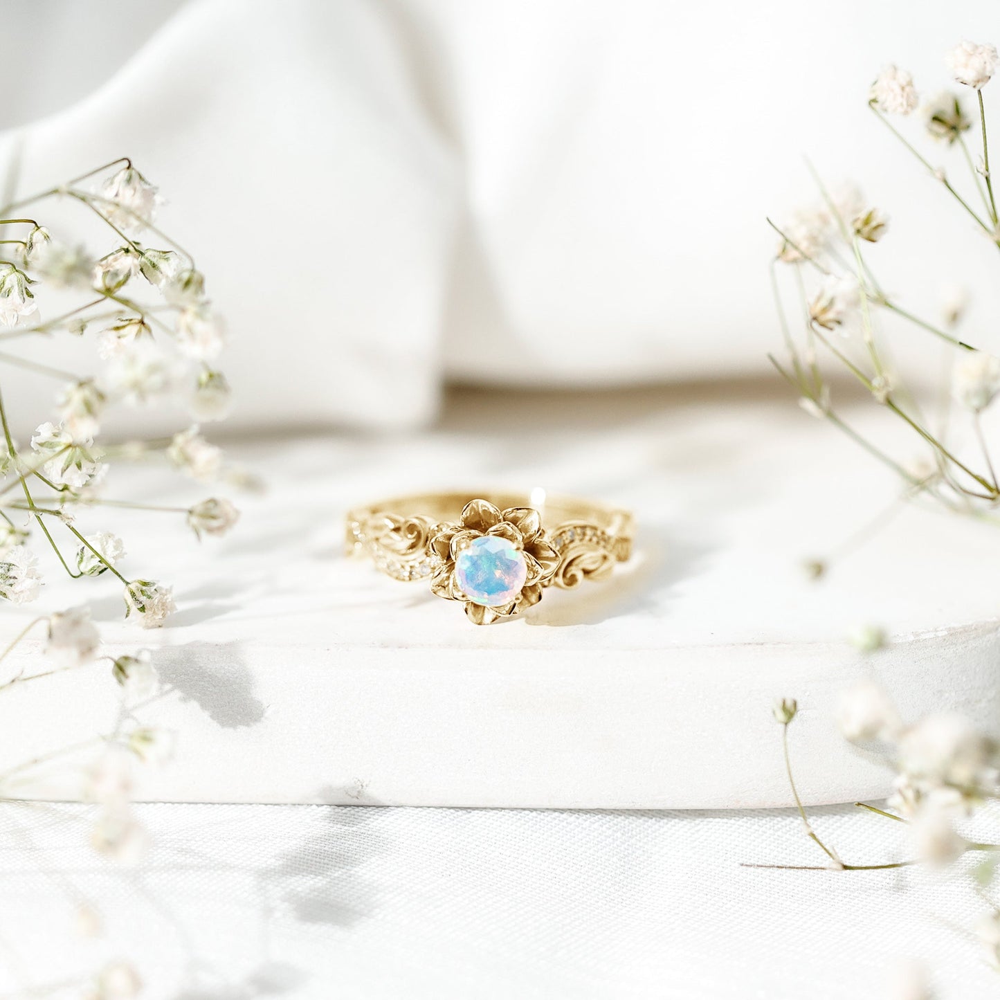 Genuine Ethiopian Opal Flower Engagement Ring With Real Diamond